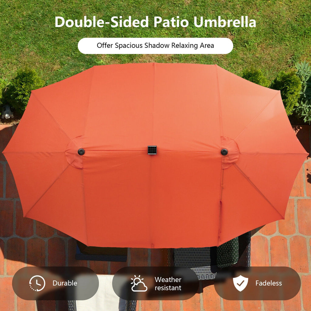 Gymax Outdoor 15' Double-Sided Patio Umbrella 48 Solar LED Lights Crank & Base Coffee