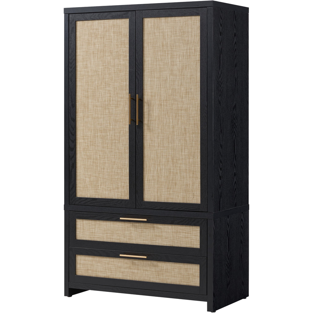 SICOTAS 40W Oversized Boho Armoire Wardrobe Closet with 2 Large Drawers, 71 Tall Rattan Clothing Storage Cabinet with Shelves & Hanging Rod, Farmhouse Freestanding Wardrobe Cabinet for Bedroom, Oak