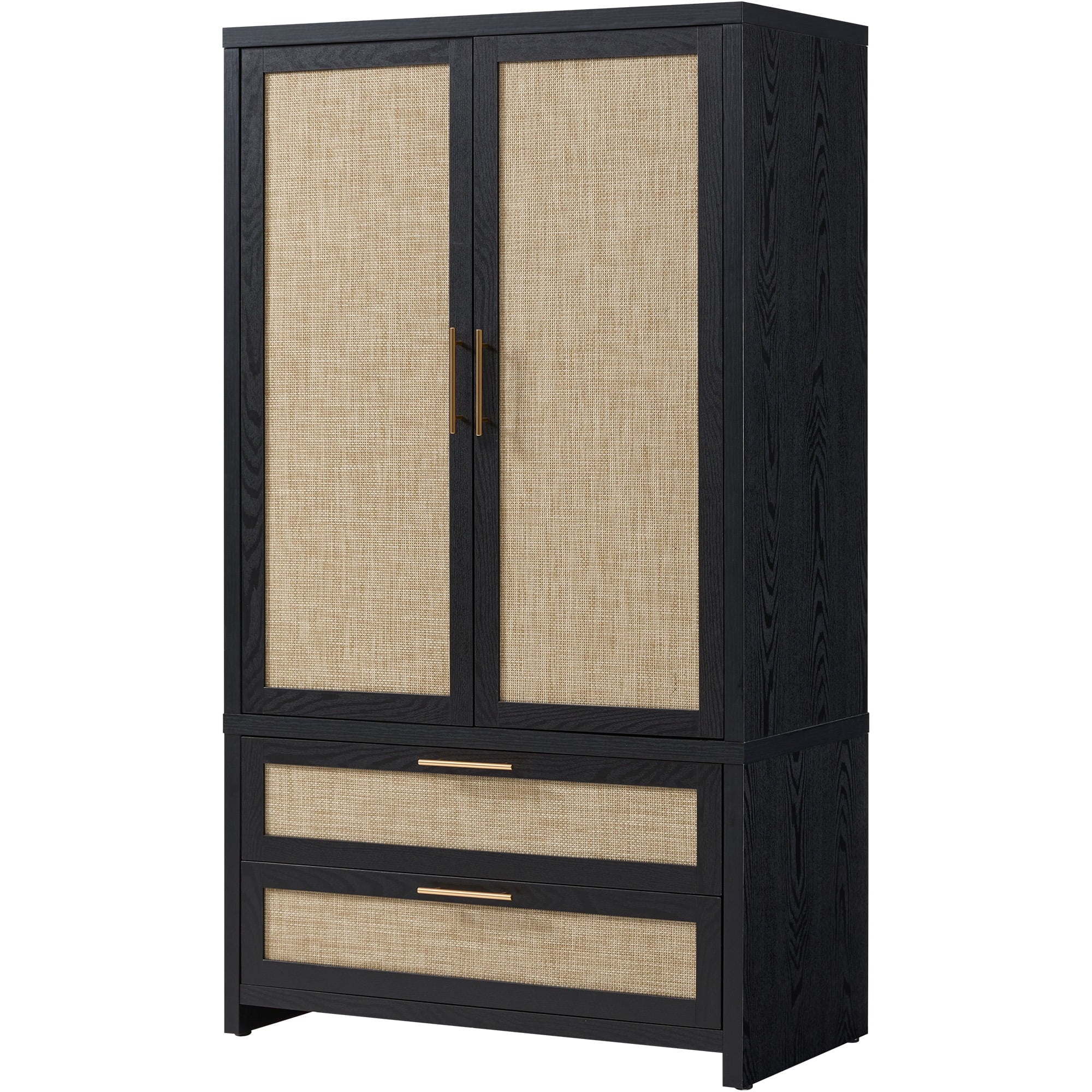 SICOTAS 40W Oversized Boho Armoire Wardrobe Closet with 2 Large Drawers, 71 Tall Rattan Clothing Storage Cabinet with Shelves & Hanging Rod, Farmhouse Freestanding Wardrobe Cabinet for Bedroom, Oak
