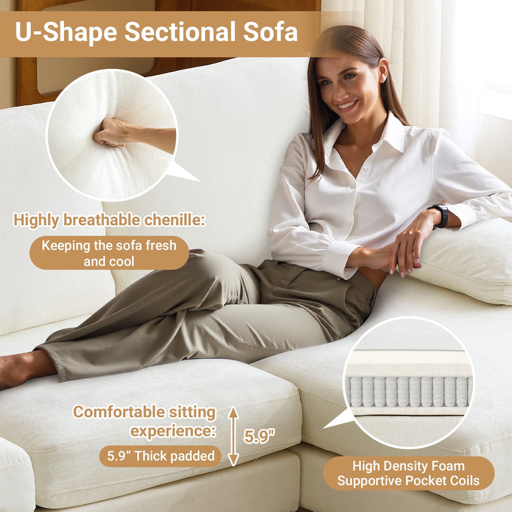 Ktaxon U-Shaped Sectional Sofa, 111  Chenille Couch, 4 Seat Lounge Sleeper with Double Chaise for Living Room Black