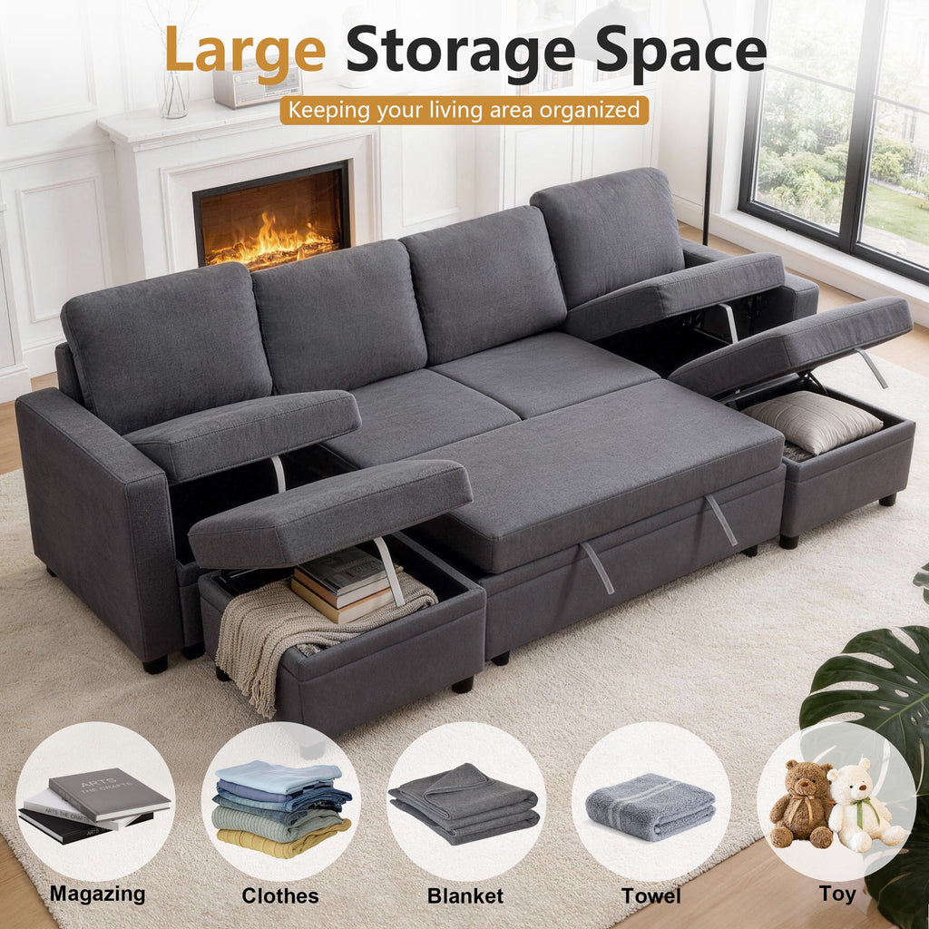 AENKYO 102 U-Shaped Sectional Sofa Bed, Linen Pull Out Sleeper Couch with Storage Seats for Living Room，White