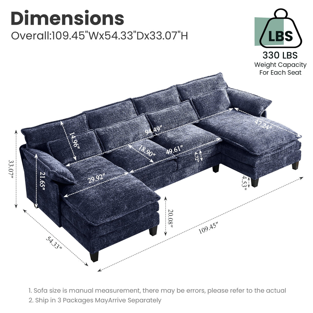 JONPONY109.45 U Shaped Couch,Oversized 4 Seat Sectional with 4 Waist Pillows, Convertible Upholstery Symmetrical Sofá,Sleeper Sofa Couch with Double Chaise Lounge &Memory Foam for Living Room, Beige