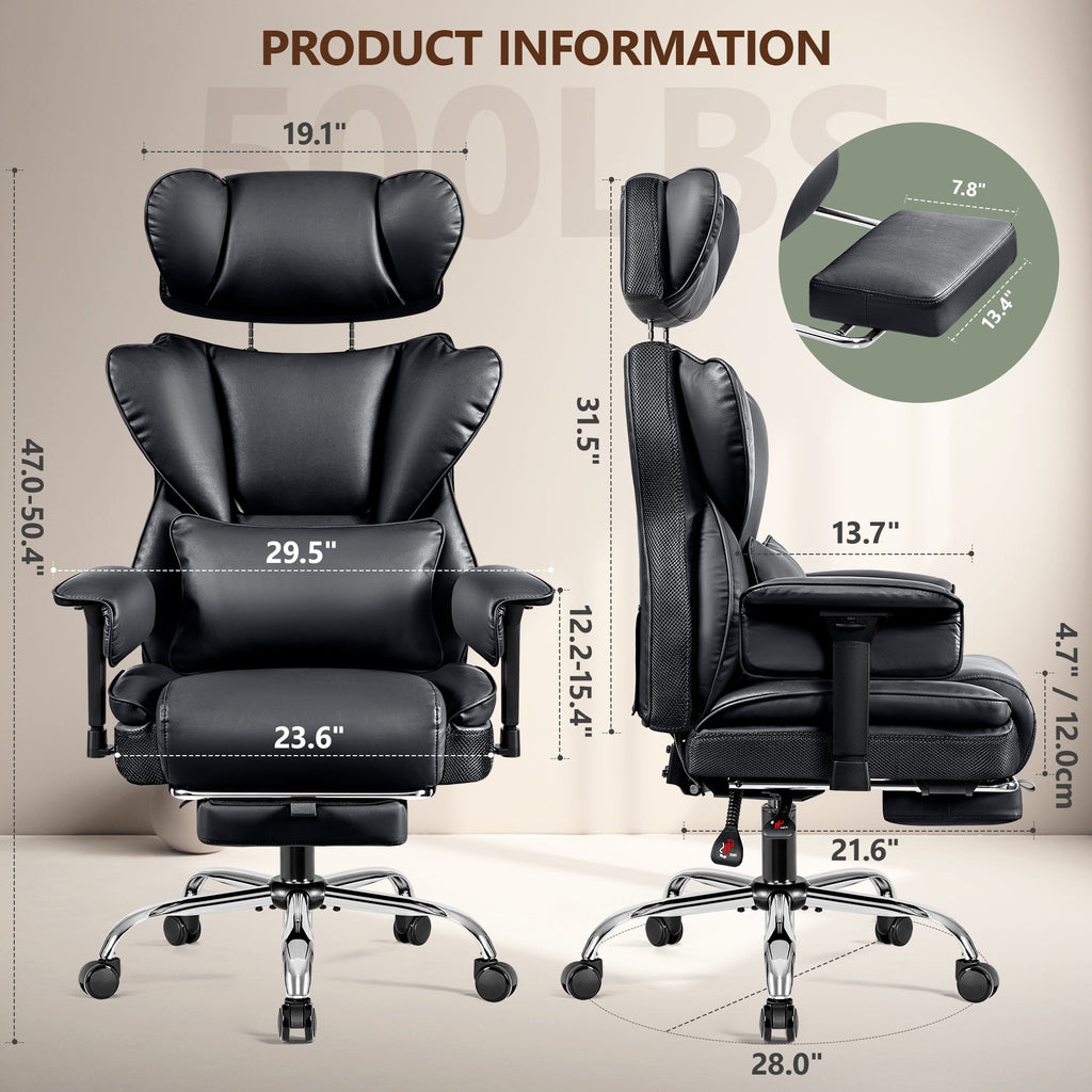 COOLHUT Big and Tall PU Leather Office Chair with Adjustable Headrest & Footrest, Executive Computer Desk Chair with 3D Adjustable Padded Armrest, Ergonomic Office Chair with Lumbar Support, Black