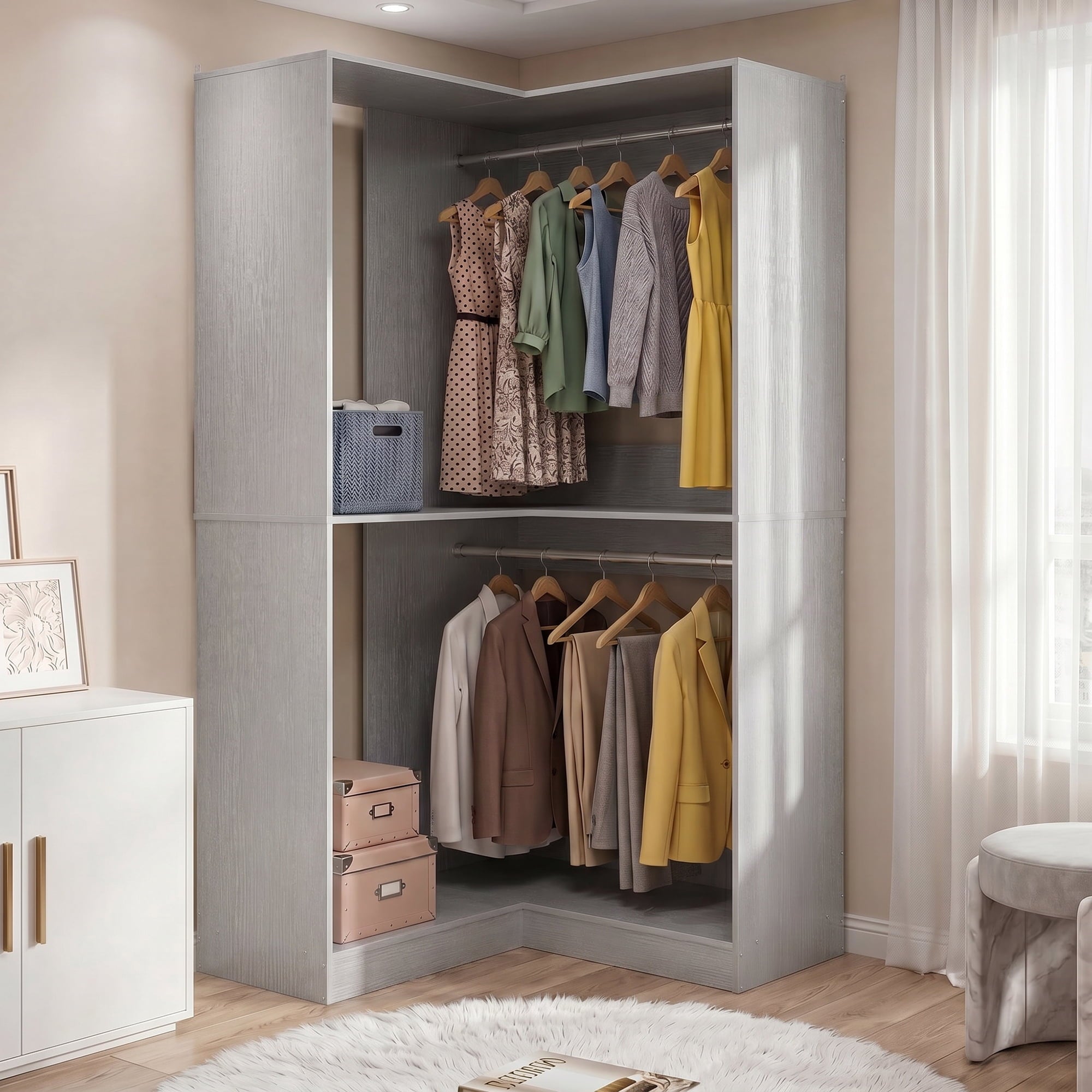 Homieasy 32'' W Corner Closet System with Hanging Rod, White