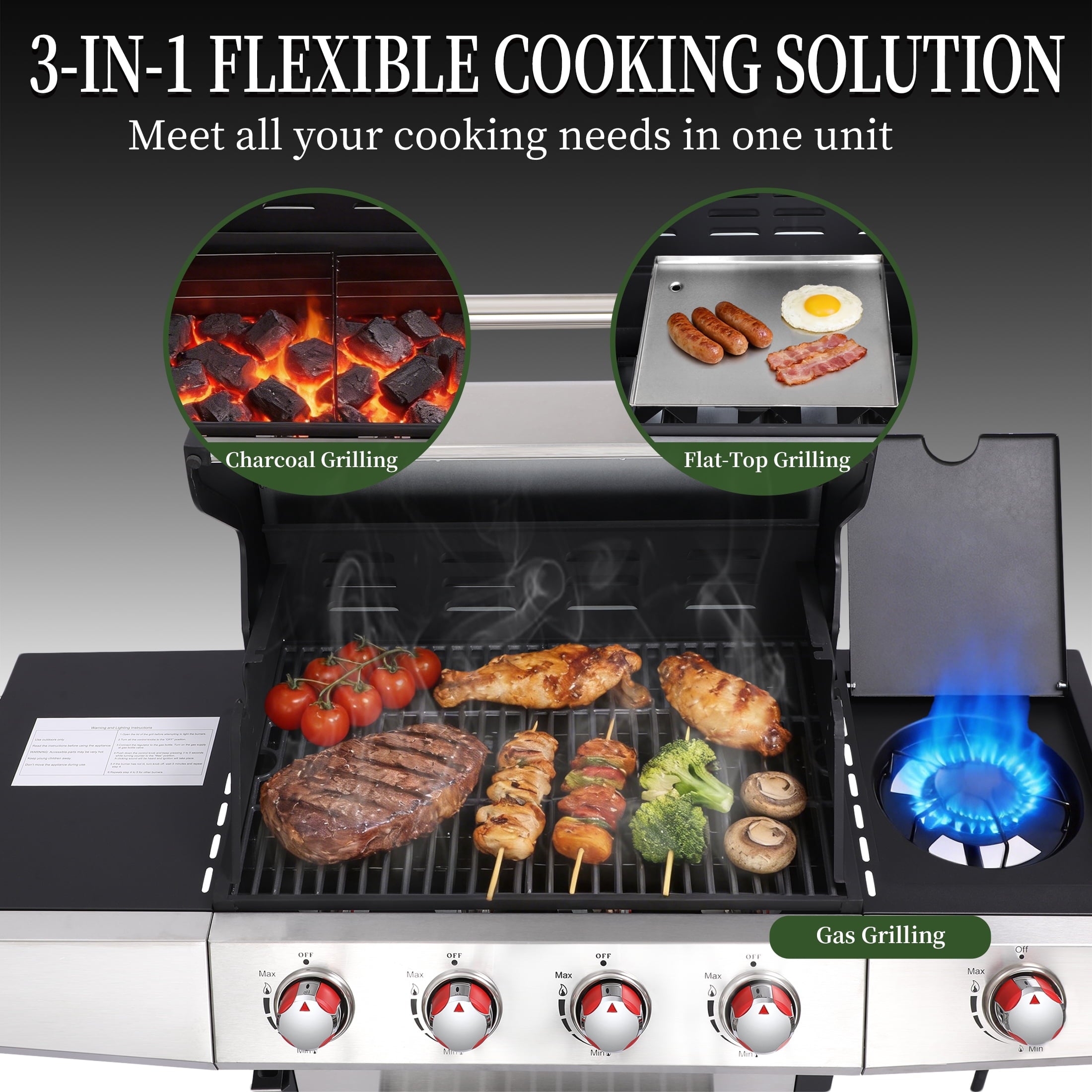 4 Burner Propane Gas Grill Combo w/Side Burner, 3-in-1 BBQ Grill with Charcoal Smoker & Griddle Plate, 46,750 BTU, 448 Sq.In. Stainless Steel Outdoor Cooking Station