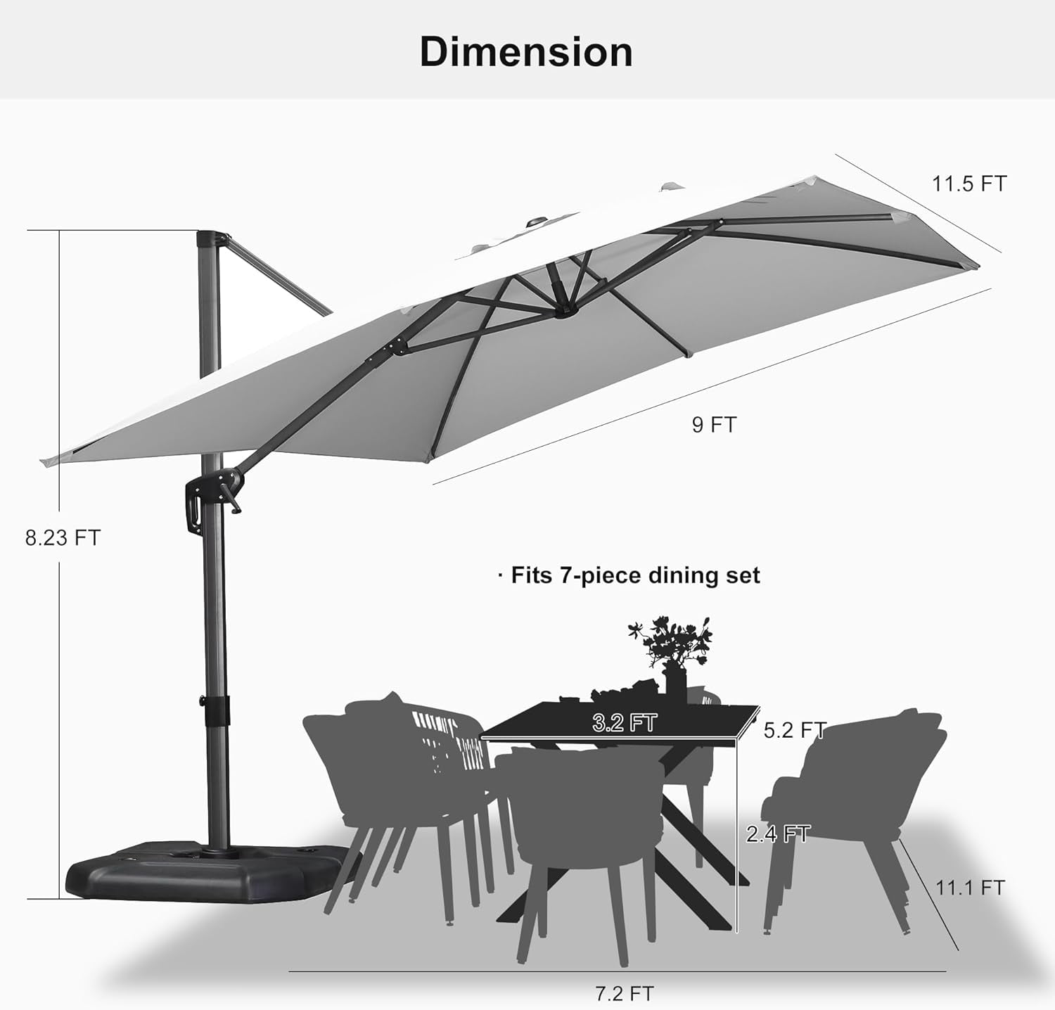 PURPLE LEAF 10x10 Ft Cantilever Umbrella Square Outdoor Patio Umbrella Large Offset Hanging Umbrella Aluminum Umbrella with 360°Rotation Adjustable Garden Pool Umbrella,Gray