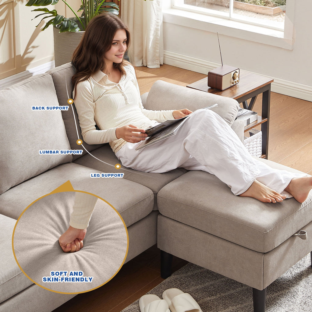Jarenie 80 Convertible Sectional Sofa, Small L Shaped 3 Seat Couch with Reversible Storage Chaise, Modern Polyester Fabric Sofa Couches for Living Room, Apartment and Small Space, Beige
