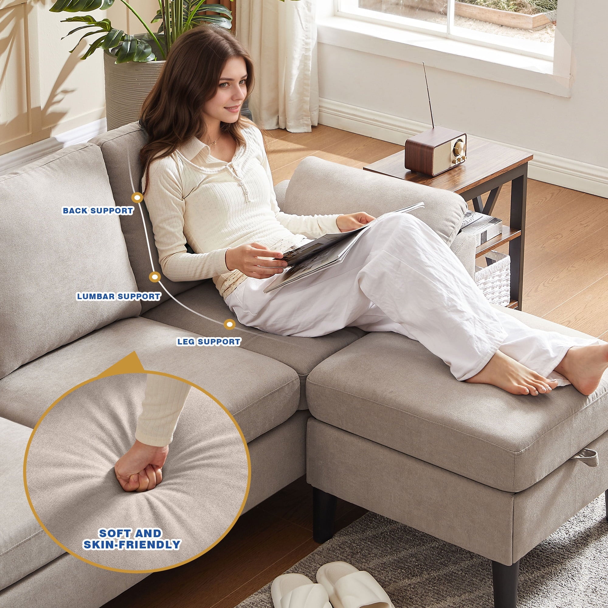 Jarenie 80 Convertible Sectional Sofa, Small L Shaped 3 Seat Couch with Reversible Storage Chaise, Modern Polyester Fabric Sofa Couches for Living Room, Apartment and Small Space, Beige