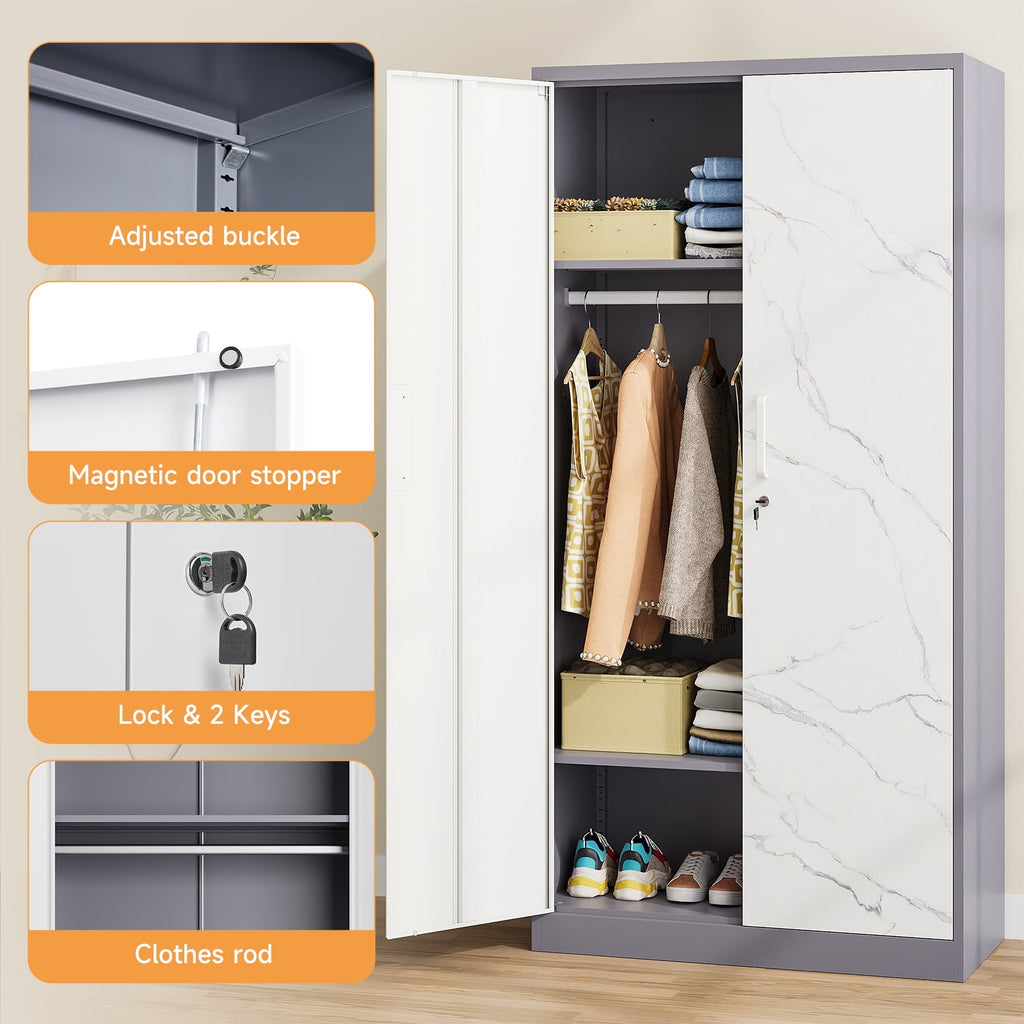 STANI Metal Wardrobe Closet with Hanging Rod, 72 White Armoire Wardrobe Cabinet with Adjustable Shelves, Clothes Storage Organizer Cabinets for Bedroom, Bathroom, Office