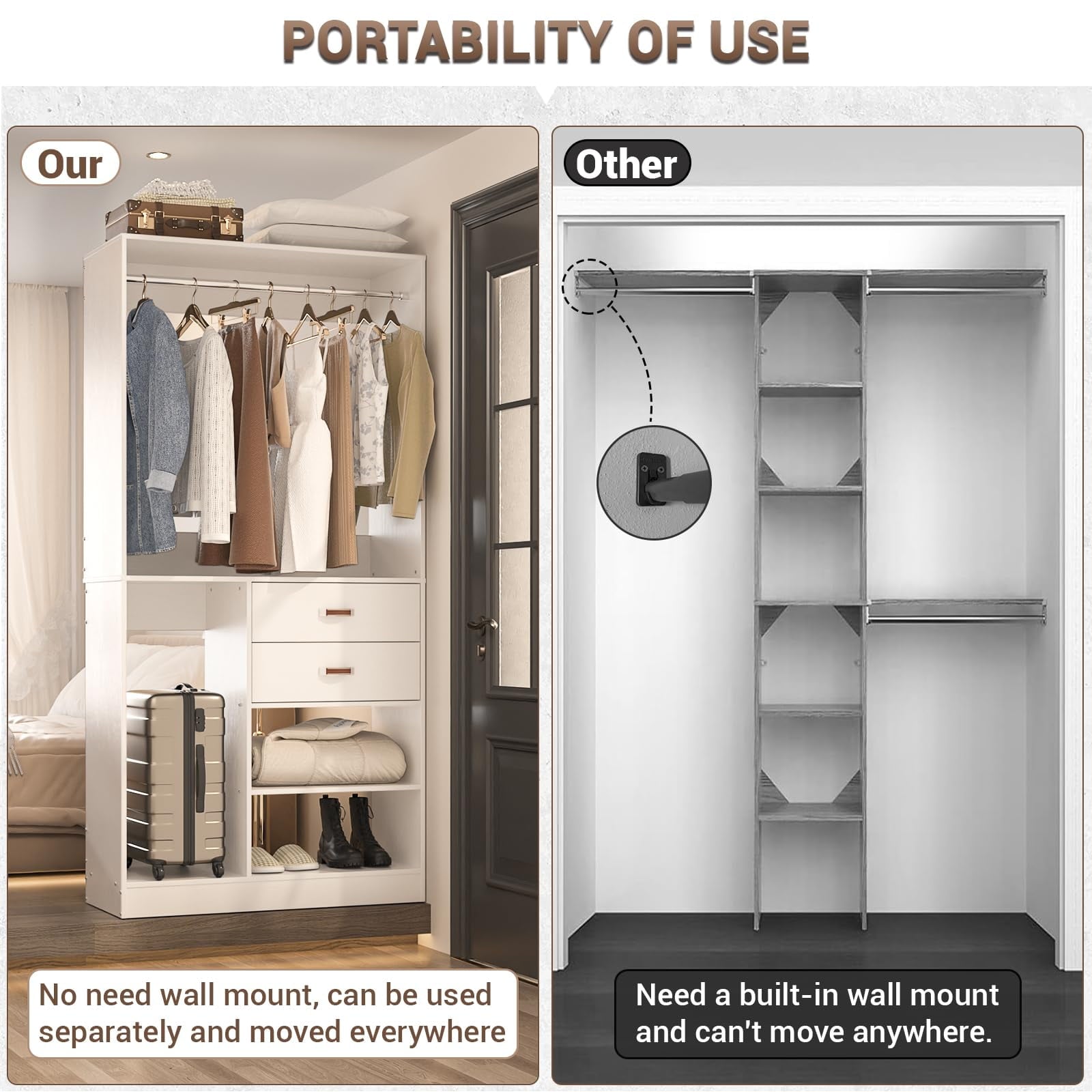 Homieasy Freestanding Closet System with Suitcase Storage, 40'' Closet Organizer System with 2 Wood Drawers and Hanging Rod, White