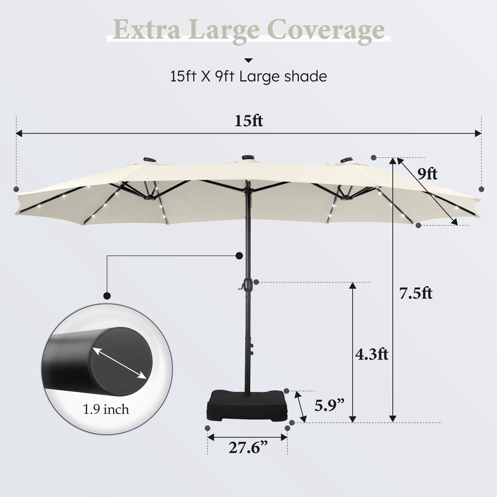 SUMMIT LIVING 15ft Double-Sided Solar Patio Umbrella with Base (Included) Large Outdoor Umbrella with Solar Lights - Beige
