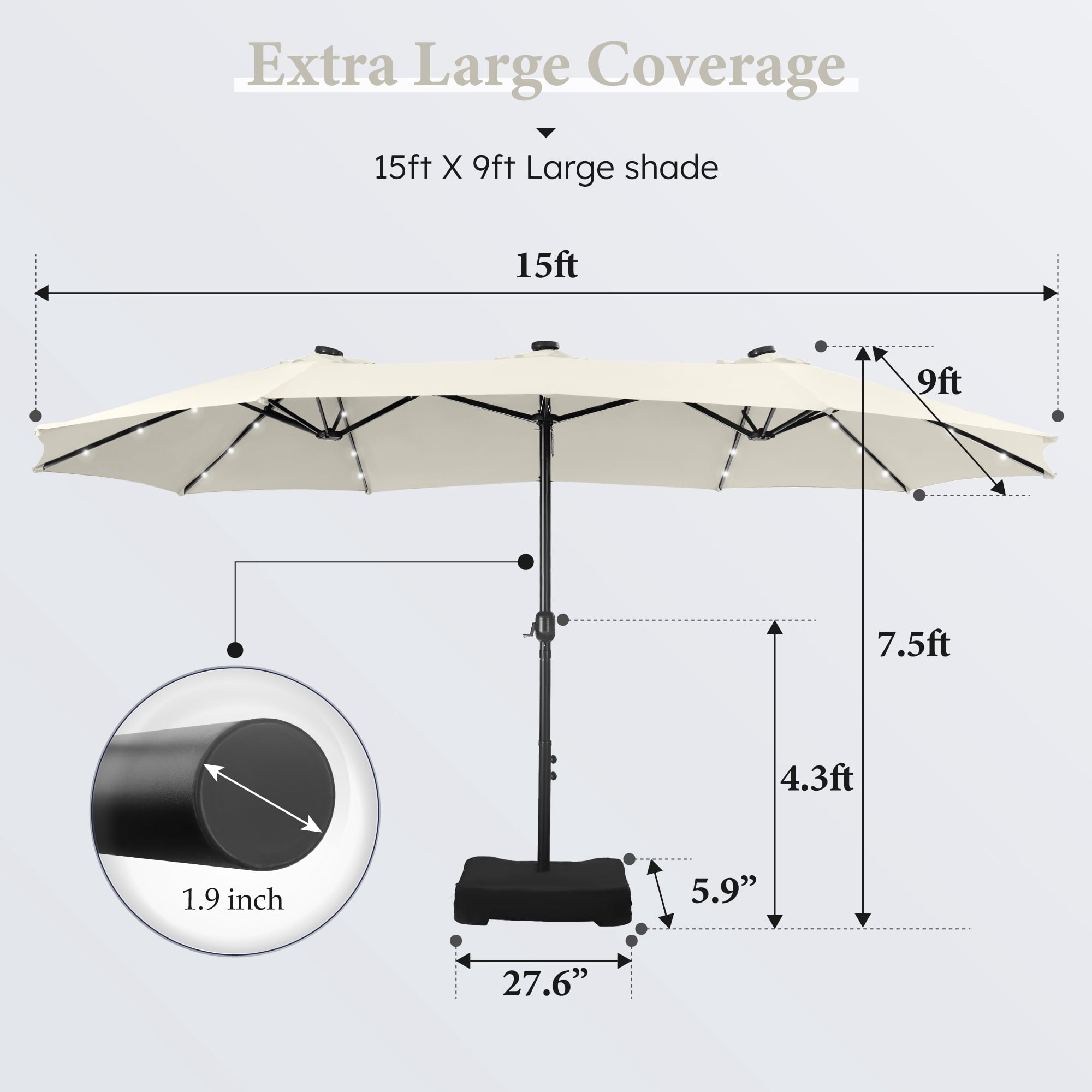 SUMMIT LIVING 15 FT Double-Sided Solar Patio Umbrella with Base Large Outdoor Umbrella with LED Solar Lights - Haze Blue