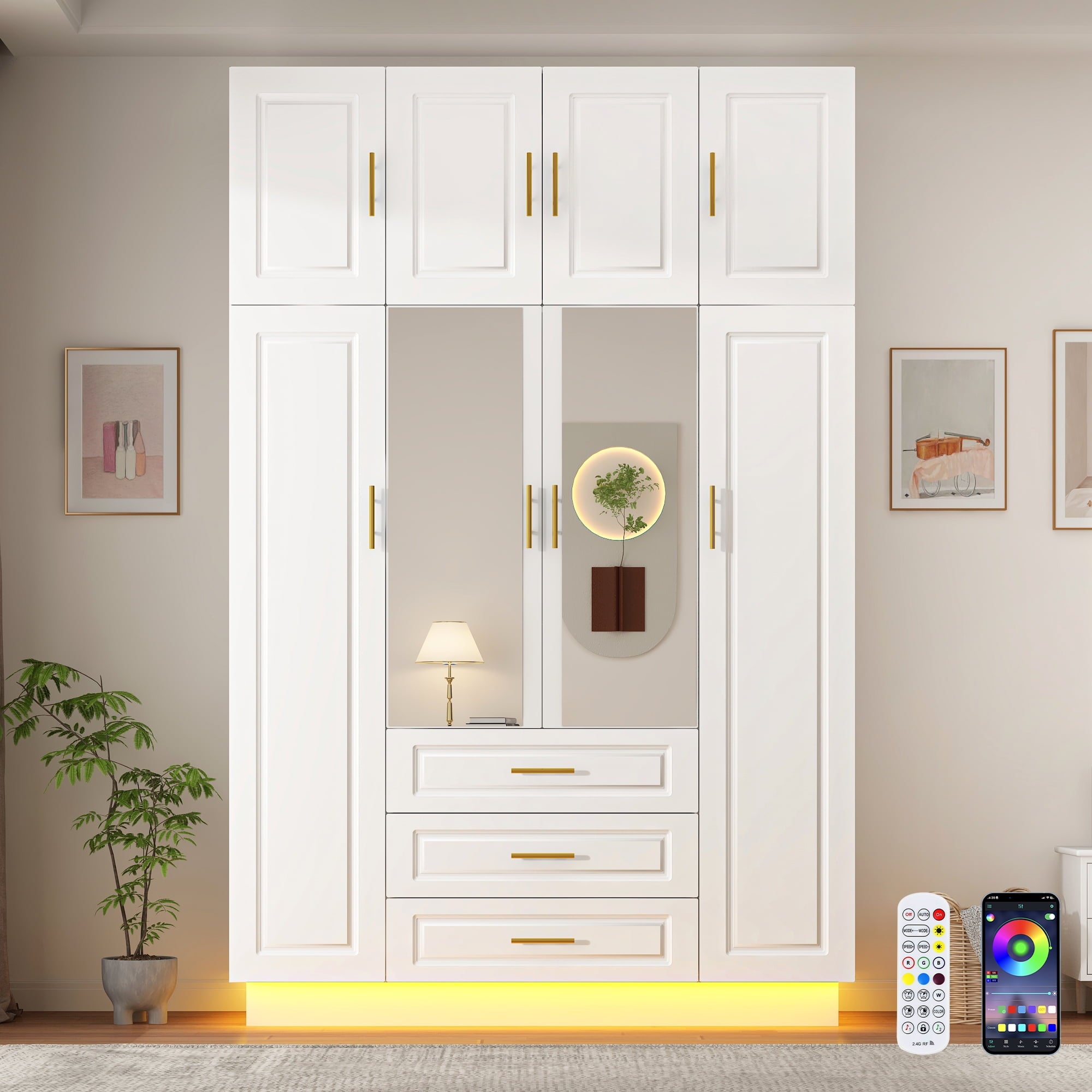 ChVans 3 Door Armoire Wardrobe Closet with Top Cabinet and Mirror, 94.5'' LED Wardrobe Armoire with 3 Drawers, Hanging Rod & Multi-Layer Shelves for Bedroom, Black