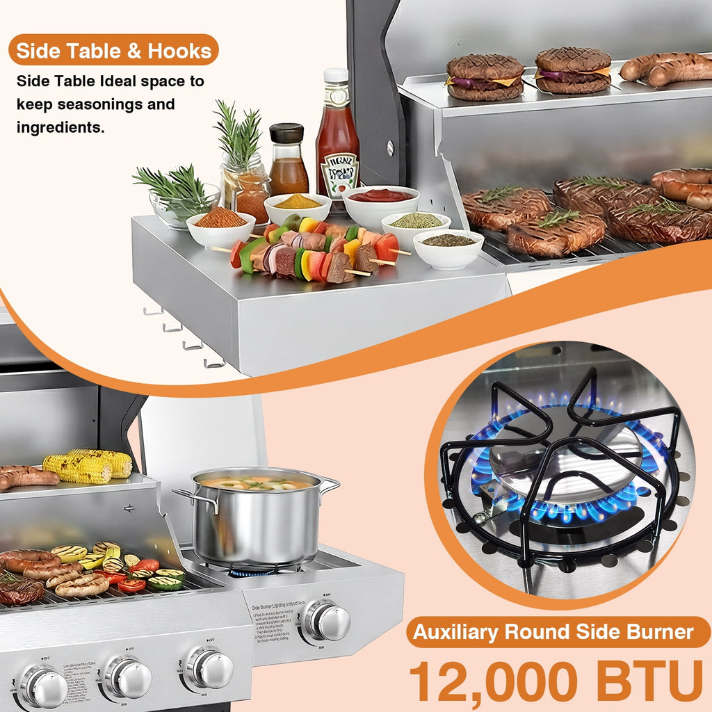 SIXDAY 68,000 BTU 5-Burner Propane Gas Grill with Side Burner, 647 sq.in Cooking Area, Stainless Steel BBQ Grill with Warming Rack and Food Clip