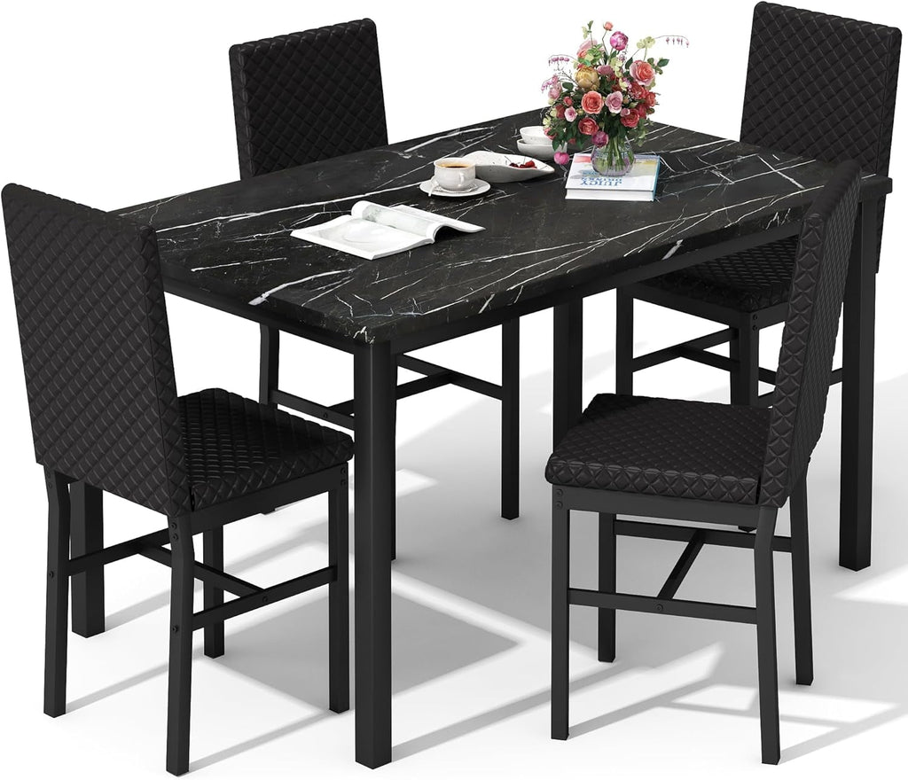 Cvortll 5 Piece Dining Table Set, Kitchen Table and Chairs Set for 4 with Faux Marble and 4 Velvet Upholstered Dining Chairs for Home, Restaurant, Black & Black