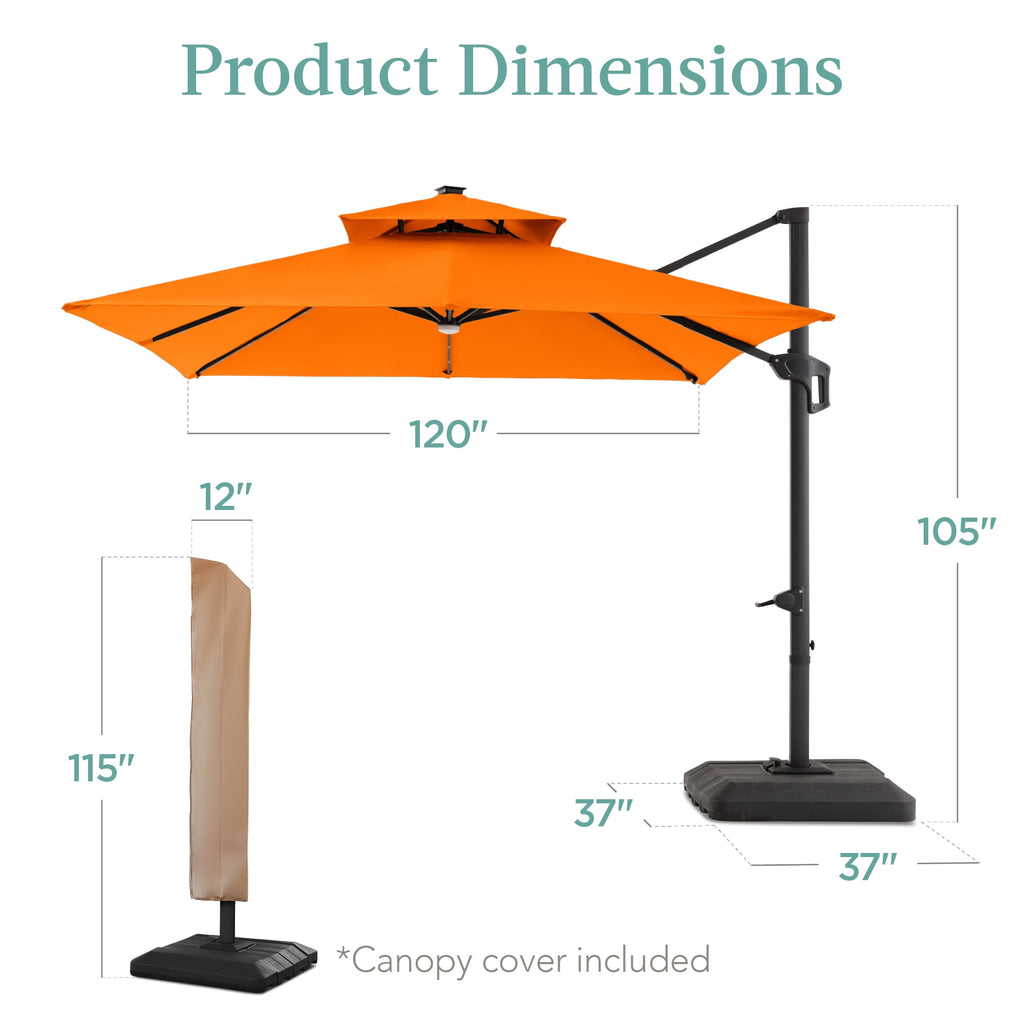 Best Choice Products 10x10ft 2-Tier Square Outdoor Solar LED Cantilever Patio Umbrella w/ Base Included - Tan
