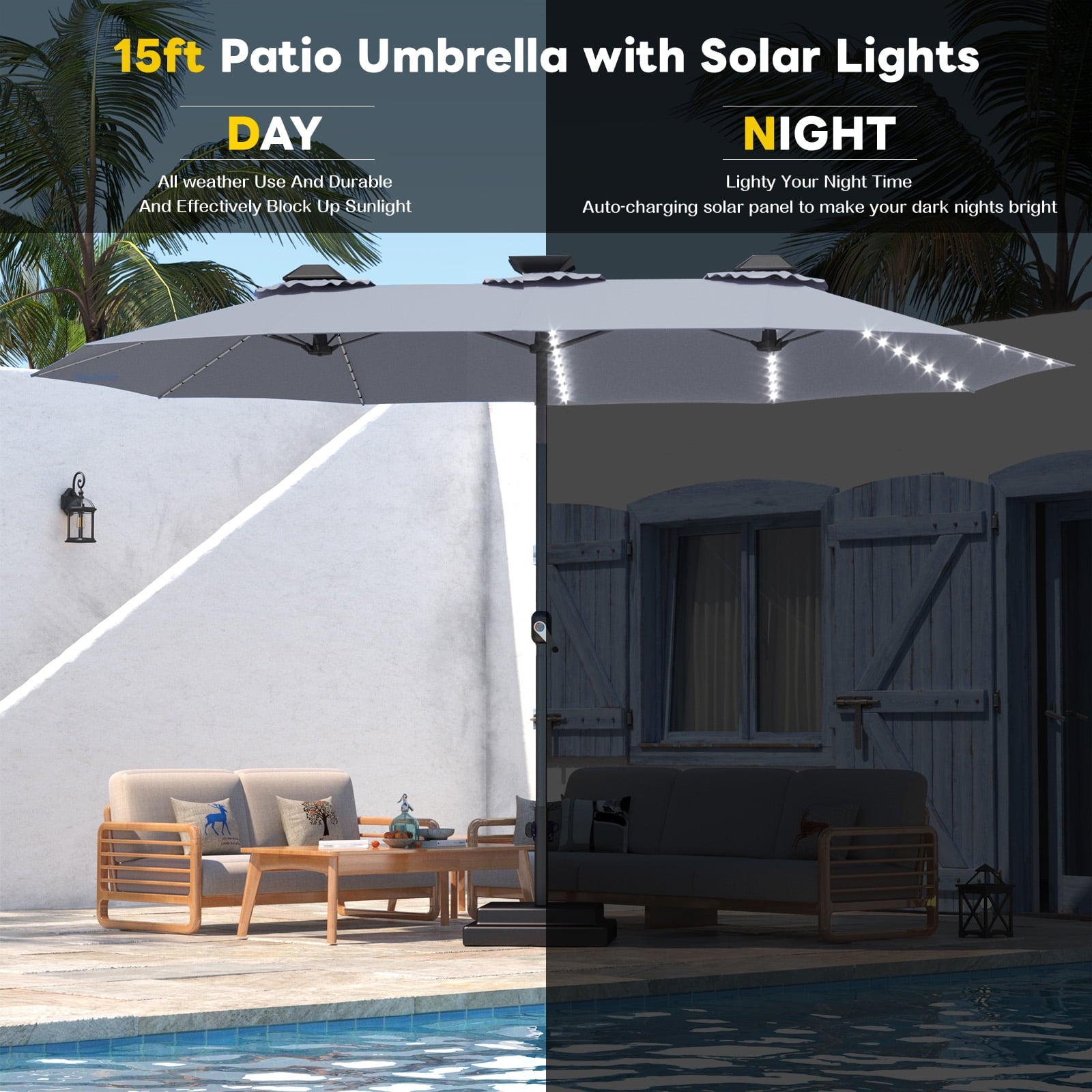 AECOJOY 10x10ft Outdoor Cantilever Patio Umbrella with Base, 360° Tilt & Rotate, Beige