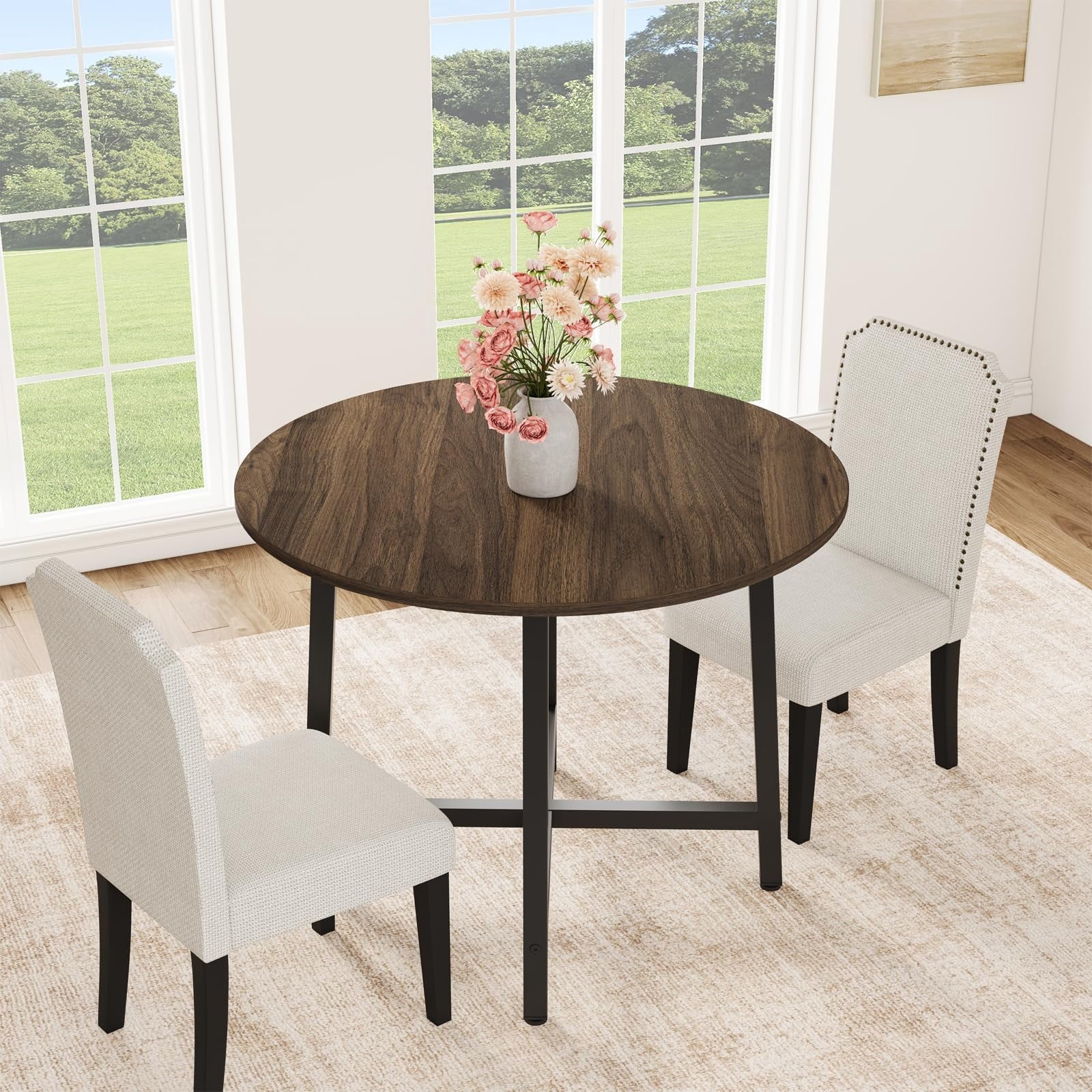 31.5 Round Dining Table for 4 People, Modern Wood Circle Kitchen Table with Sturdy Industrial Metal Frame, Small Space Saving Dining Room Table for Apartment & Breakfast Nook, (No Chairs), Walnut