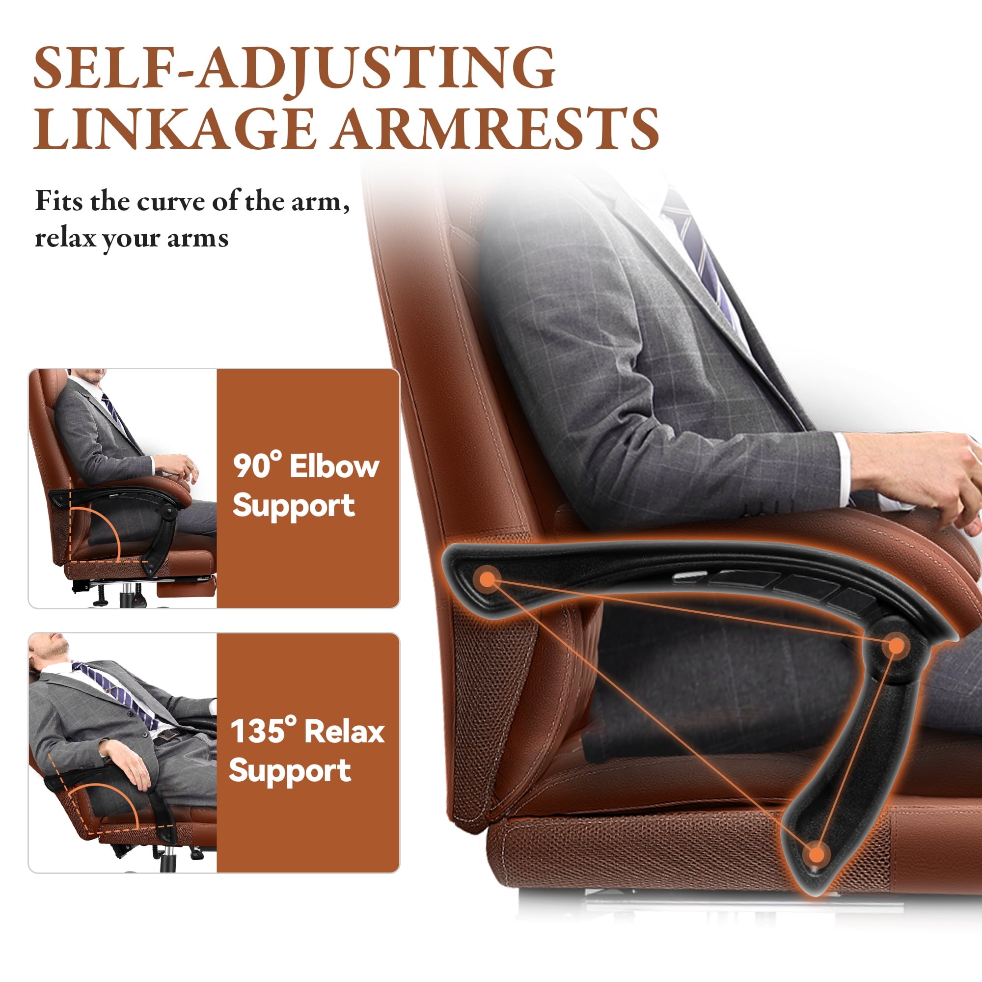 FASTES Executive Office Chair, Ergonomic Desk Chair with Adjustable Armrests, Computer Leather Chair Big and Tall Office Chair with Footrest and Lumbar Support, Brown