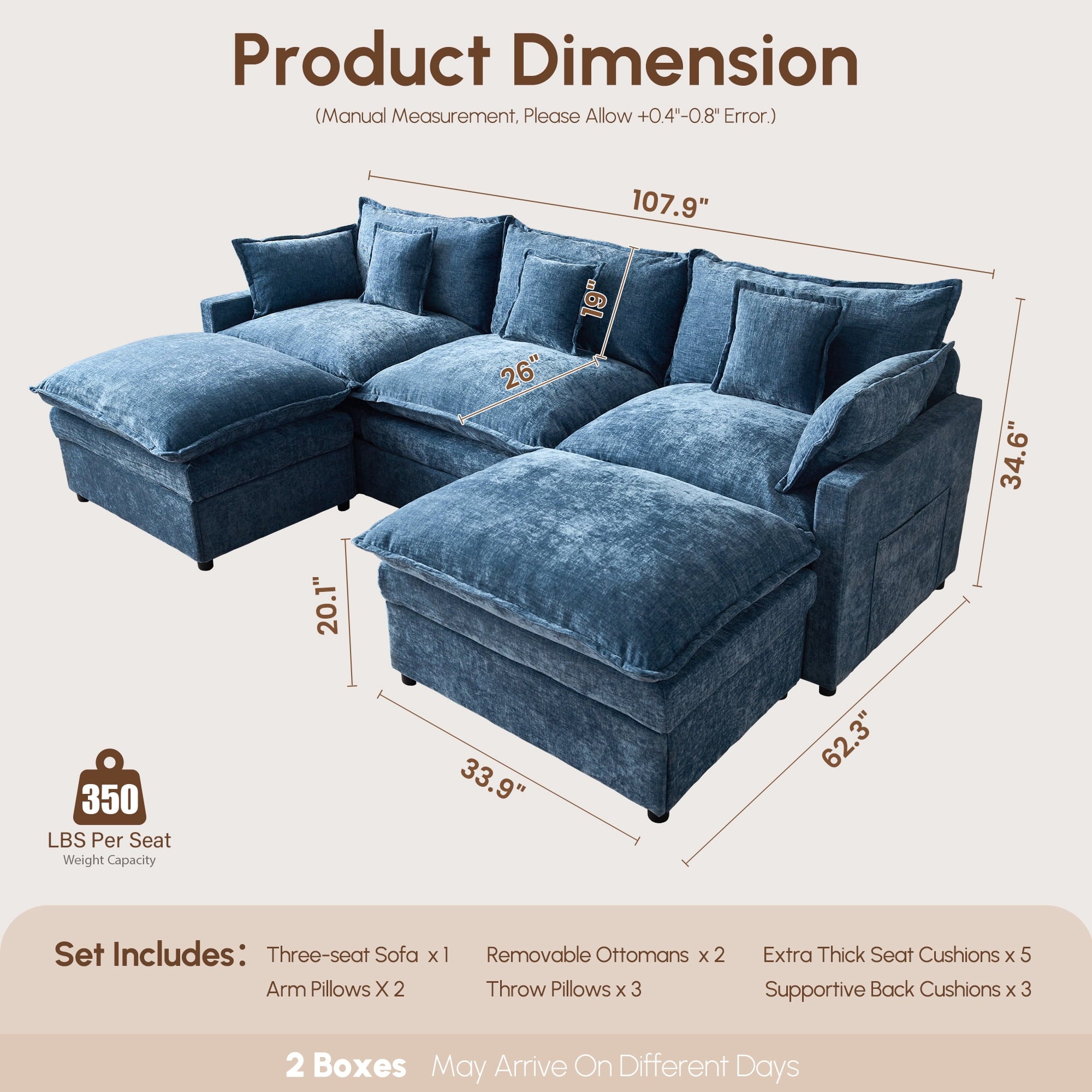 Ovios 108 Modular Sectional Sofa U-Shaped Cloud Couch with 2 Ottomans, Comfy Living Room Furniture, Chenille, Dark Blue