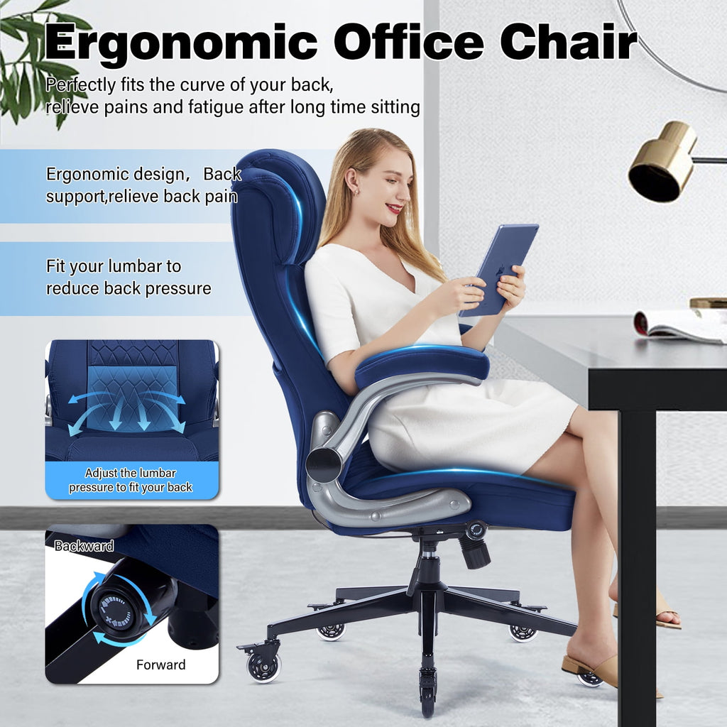 High Back Office Chair with Lockable Wheels, 400lbs Large Fabric Executive Desk Chair, Adjustable Lumbar Support Flip up Arms, Ergonomic Home Office Computer Chair with Storage Pocket, Black