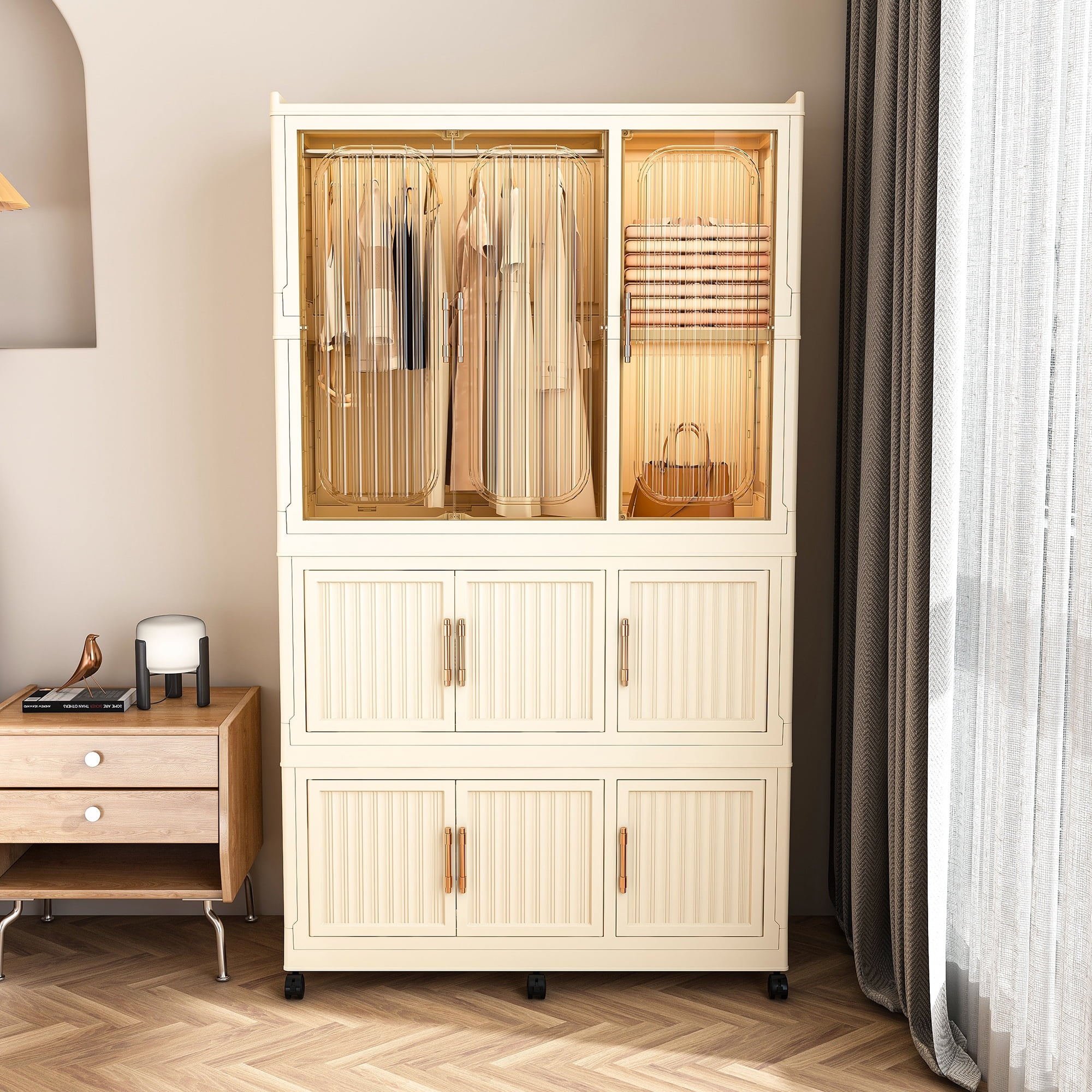 Garmic 62 Foldable Storage Wardrobe with Wheels, Portable Closet Organizer with 9 Magnetic Doors & 2 Hanging Rod, Plastic Armoire for Clothes Toys Books, White
