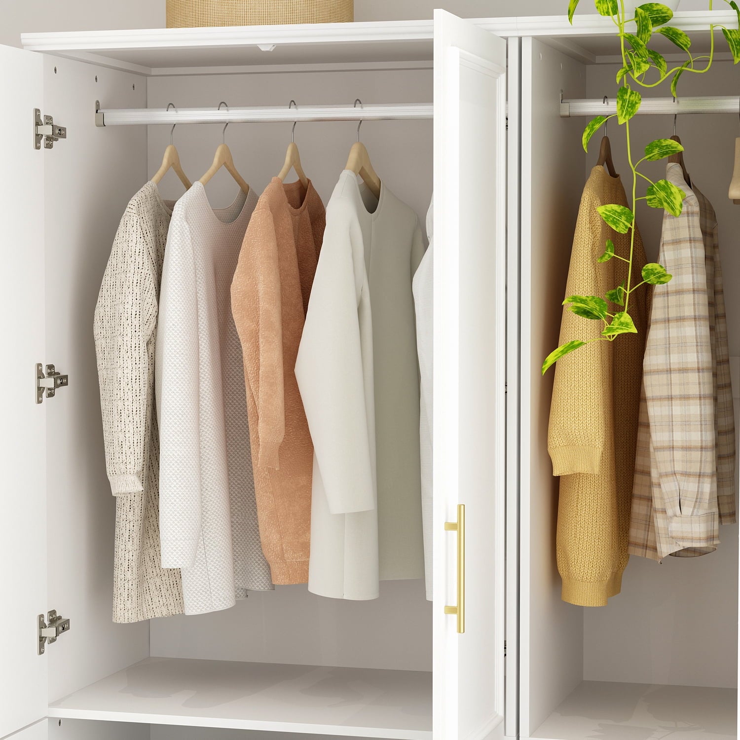 KULAGAGA Wardrobe Closet with Hanging Rod, Modern Wooden Armoire with 4 Framed Doors & 3 Large Shelves, Clothes Storage Cabinet Organizer for Bedroom Apartment, White
