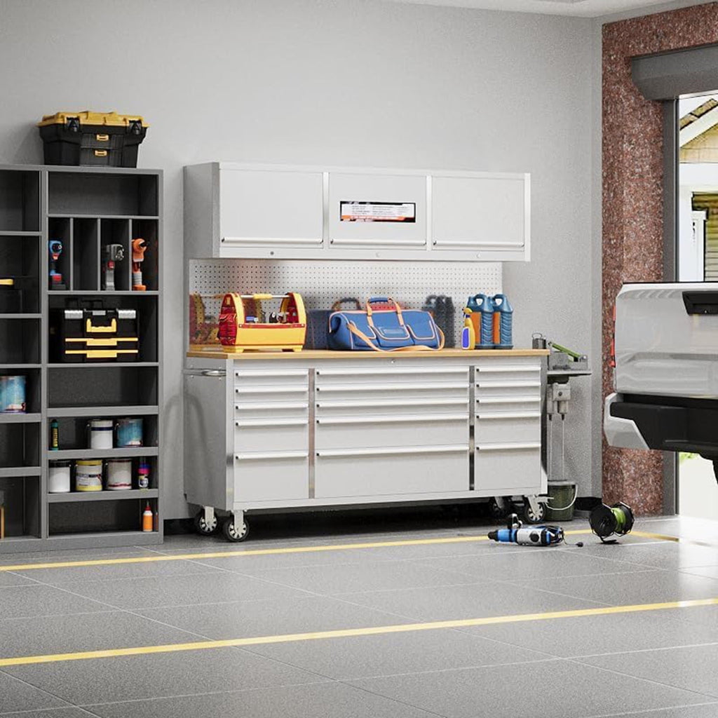 Danolapsi 72 Inch Rolling Tool Cabinet, Heavy-Duty Garage Workbench with 15 Drawers & 3 Cabinets, Steel Frame Workshop Table for Mechanics, Garage Organization, Large Tool Bench Storage with Pegboard