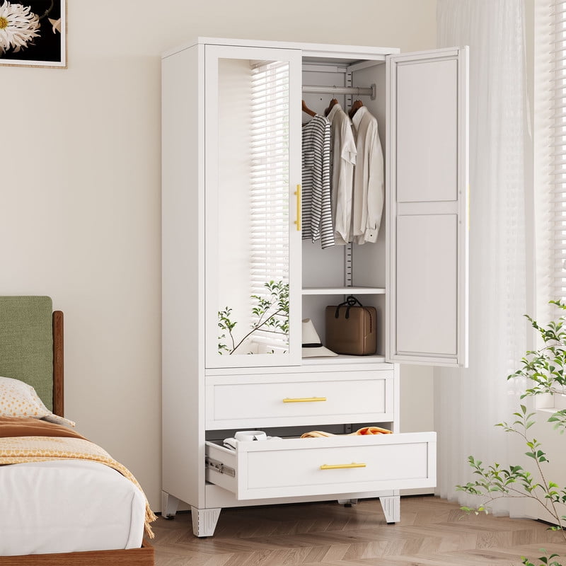 Ero Metal Freestanding Armoire Wardrobe Closet with Hanging Rod and Mirror