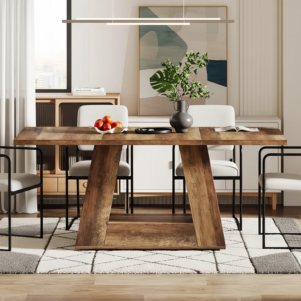Modern Faux Marble Dining Table, 63 Rectangular 4-6 Seater Wood Table with Sturdy Base, Kitchen Living Room Dinner Table
