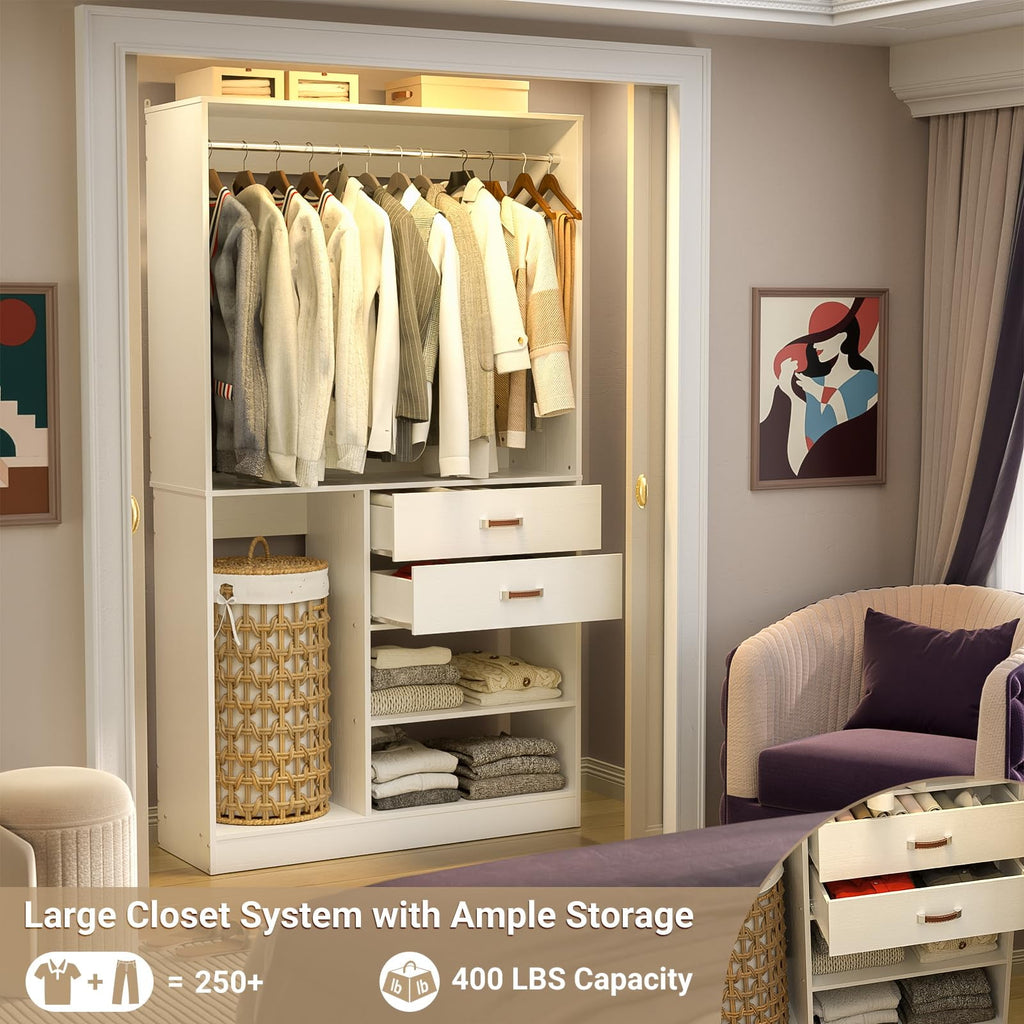 Homieasy Freestanding Closet System with Suitcase Storage, 40'' Closet Organizer System with 2 Wood Drawers and Hanging Rod, White