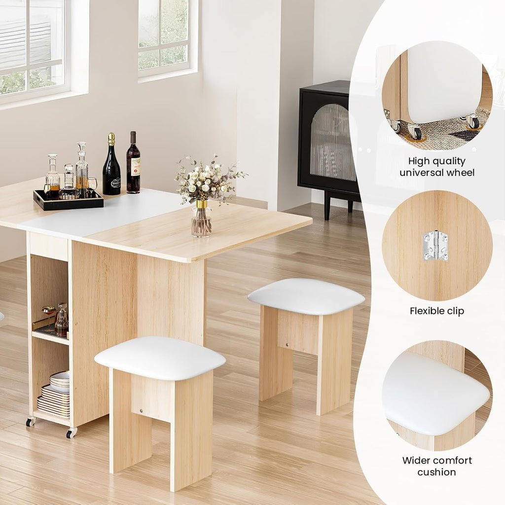 MIERES Folding Dining Table Set for 4, Dinner Table with 4 Leather Chairs and Shelves, Space Saving Foldable Dining Table with 6 Wheels, Kitchen Table for Small Spaces (Grey)