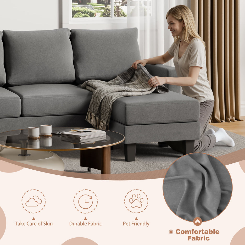 Vineego 72 L-Shaped Sectional Sofa with Ottoman Ergonomic Support Sofa Couch for Small Spaces Living Room, Apartment,Dark Gray