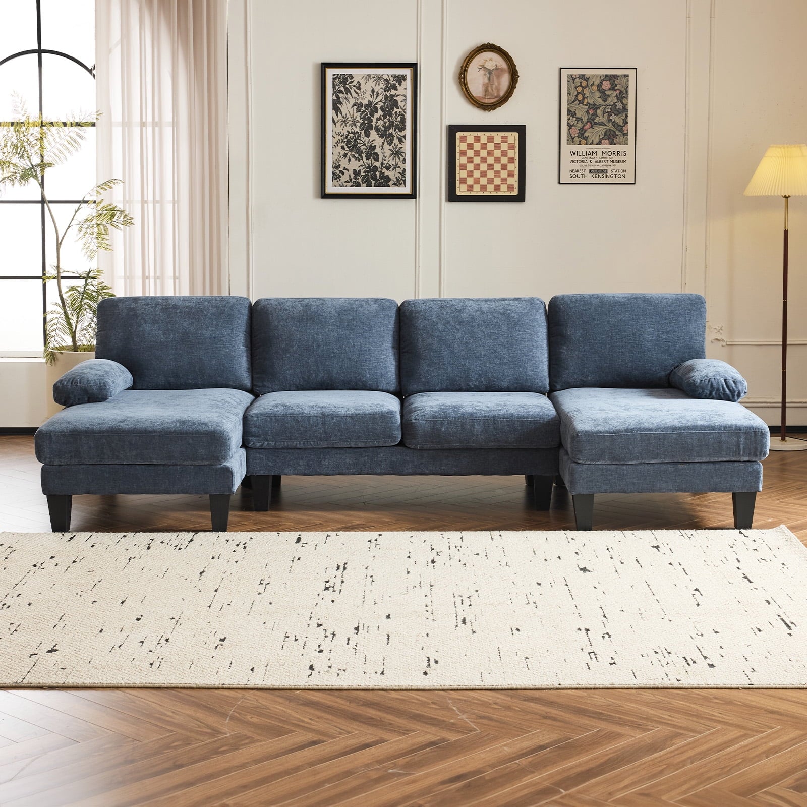 Ktaxon U-Shaped Sectional Sofa, 111  Chenille Couch, 4 Seat Lounge Sleeper with Double Chaise for Living Room Black