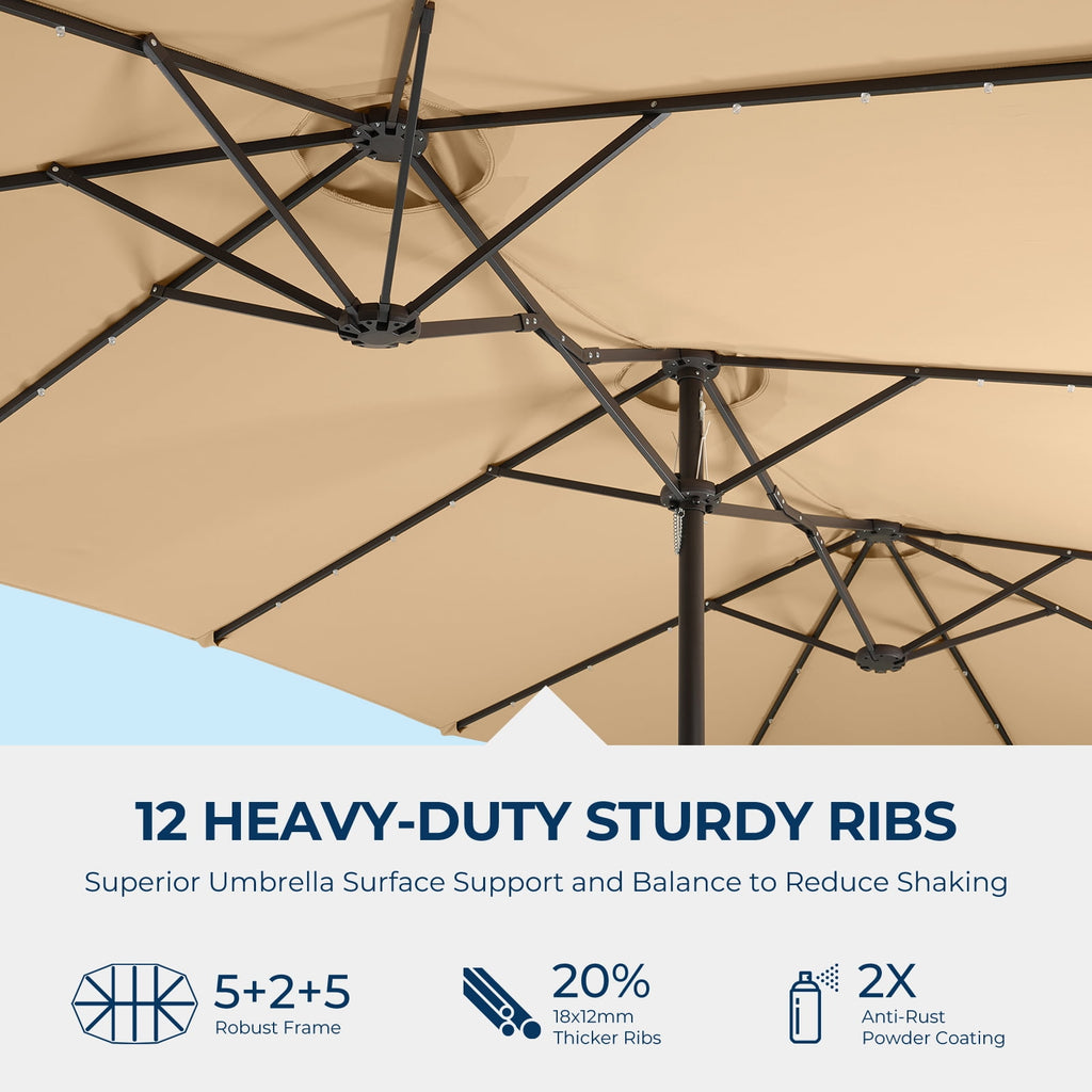 Patbrela 15ft Patio Umbrella with Light and Base, Double Sided  Large Rectangular Outdoor Umbrella with Crank Handle, for Garden, Yard, Poolside and Outdoor Activities, Gray