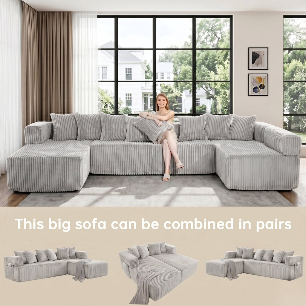 SOULART 138.5 U Shaped Sectional Couch,Gray Cloud Boneless Sofa For Living Room,Plush Corduroy Couches With Deep Seat Chaise Lounge,No Assembly Required