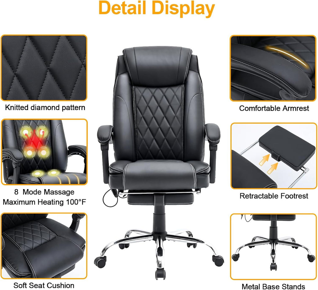 HOMREST Ergonomic Office Chair with 6-Point Massage & Heating, Adjustable Executive Desk Chair with Retractable Footrest, PU Leather Home Office Desk Chair for Home & Office (Black)