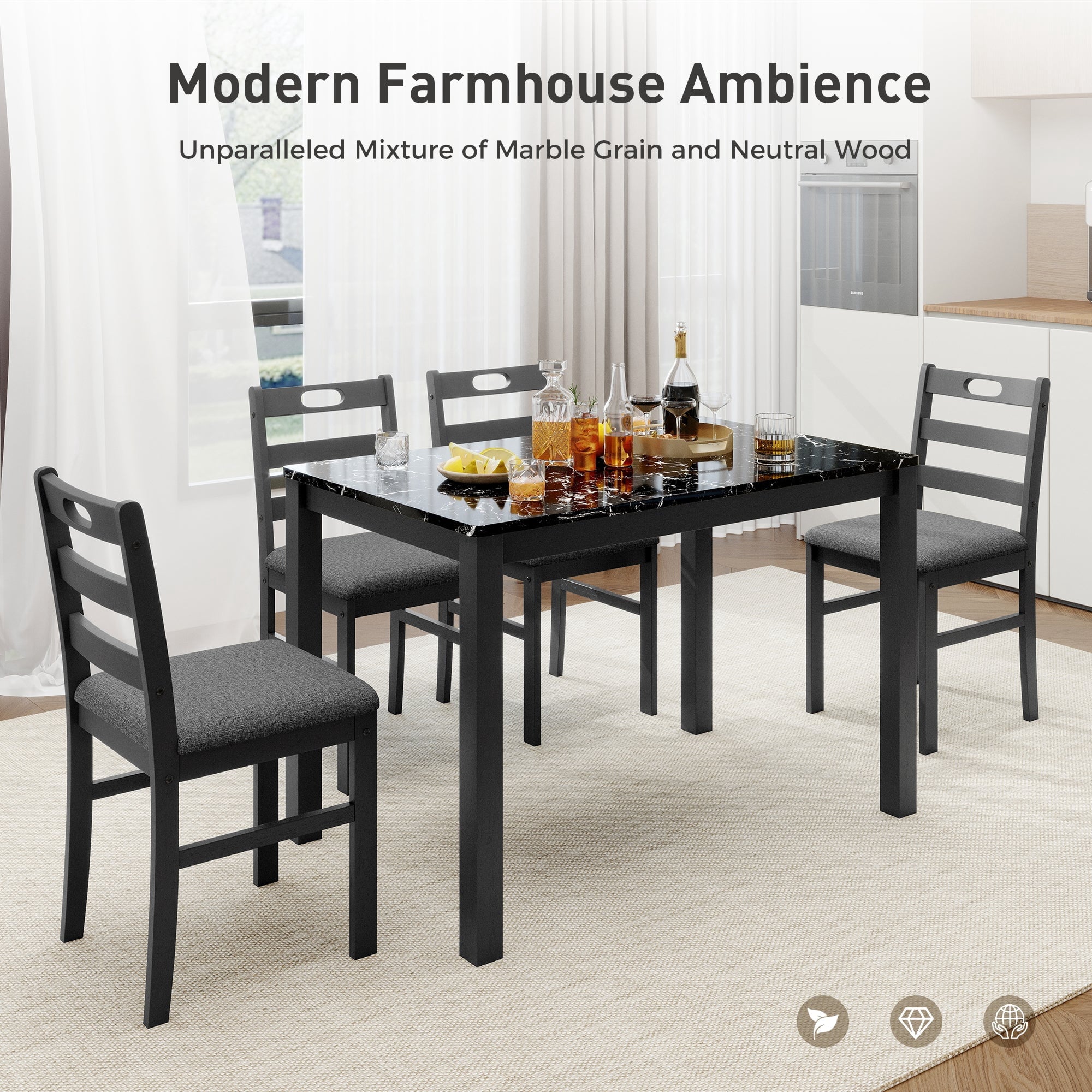 Alpha Joy Farmhouse Dining Table Set for 4 Solid Wood Kitchen Chairs and Table Set, Walnut & White