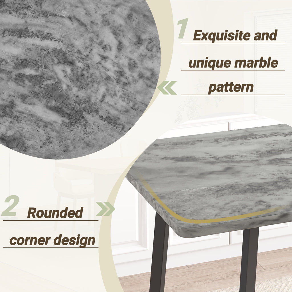 PORKISS 5 Piece Dining Table Set, Modern Faux Marble Tabletop and 4 Linen Upholstered Chairs, Rectangle Kitchen Table and Chairs for 4, White + Gray(Linen)