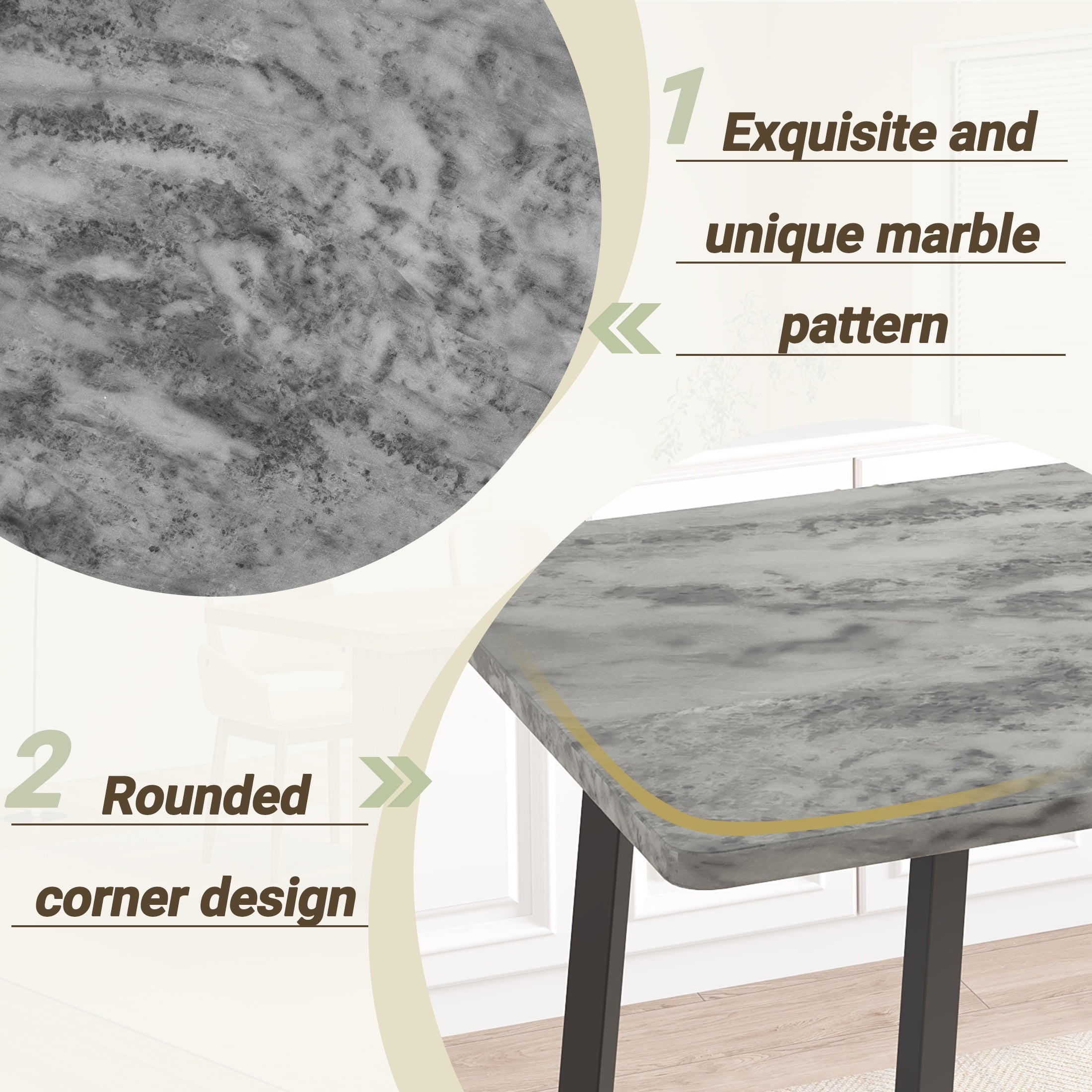PORKISS 5 Piece Dining Table Set, Modern Faux Marble Tabletop and 4 Linen Upholstered Chairs, Rectangle Kitchen Table and Chairs for 4, White + Gray(Linen)