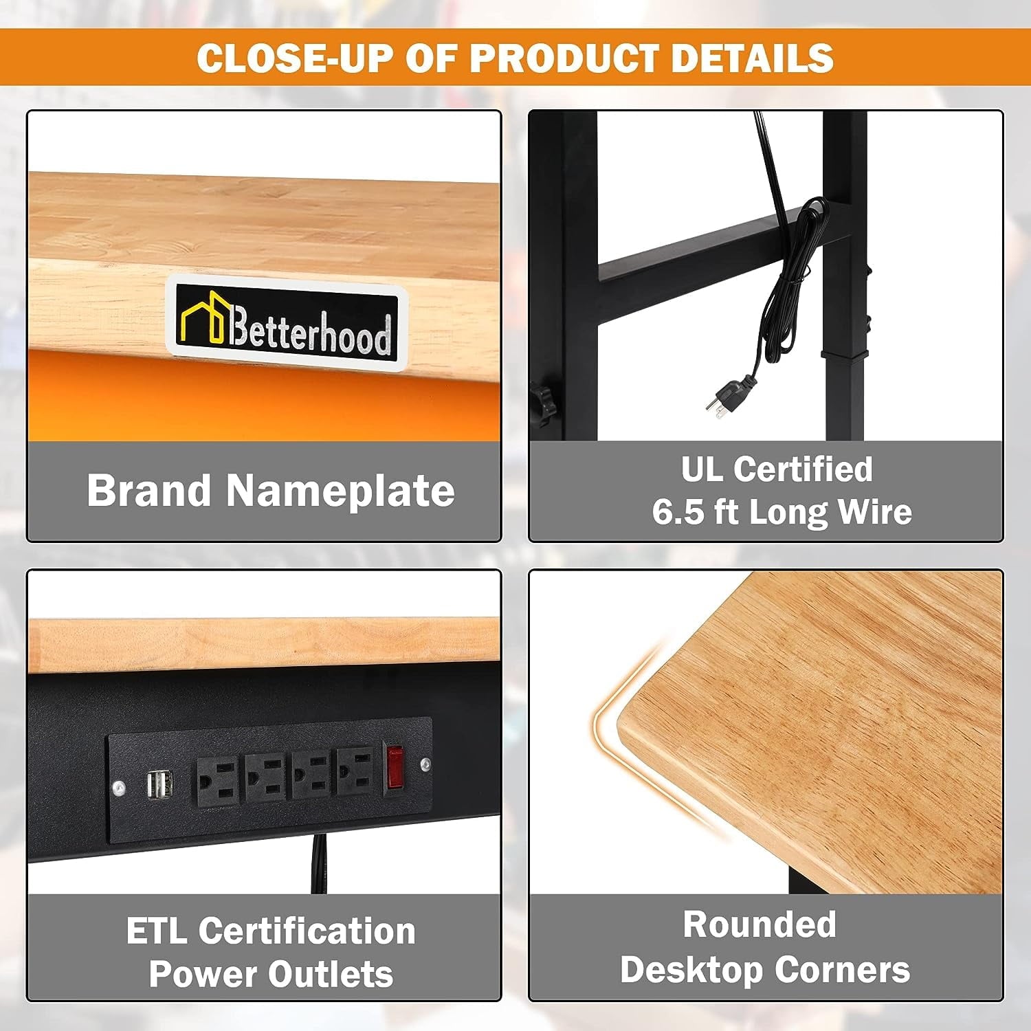 Tolead 60 Heavy-Duty Adjustable Workbench with Power Outlets, Rubber Wood Shop Table, Metal Wheels, Workstation