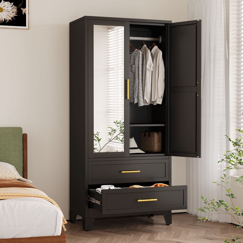 Ero Metal Freestanding Armoire Wardrobe Closet with Hanging Rod and Mirror