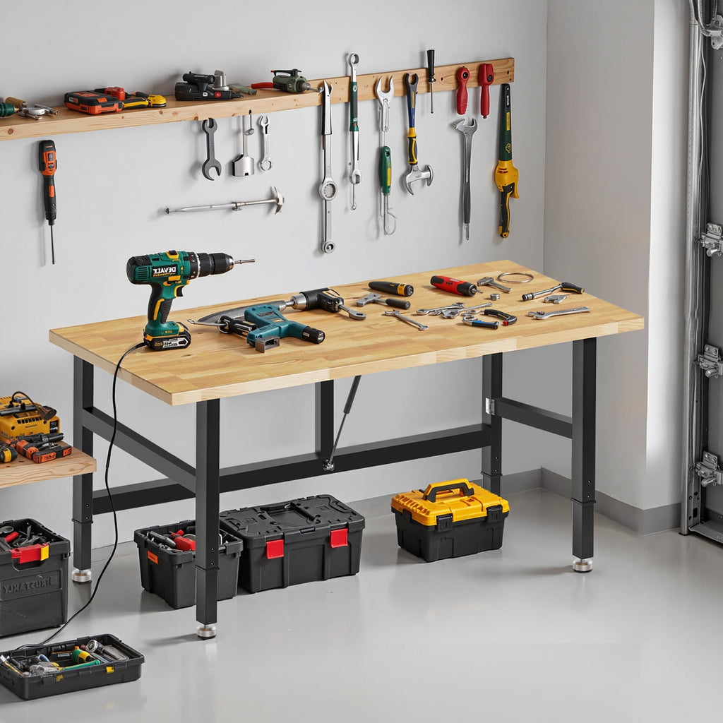 MUWOOD 48-inch Folding Workbench with Adjustable Height, Wood Worktop, Rubberwood, 2000 LBS Capacity Heavy Duty for Workshop, Garage, Office, Home