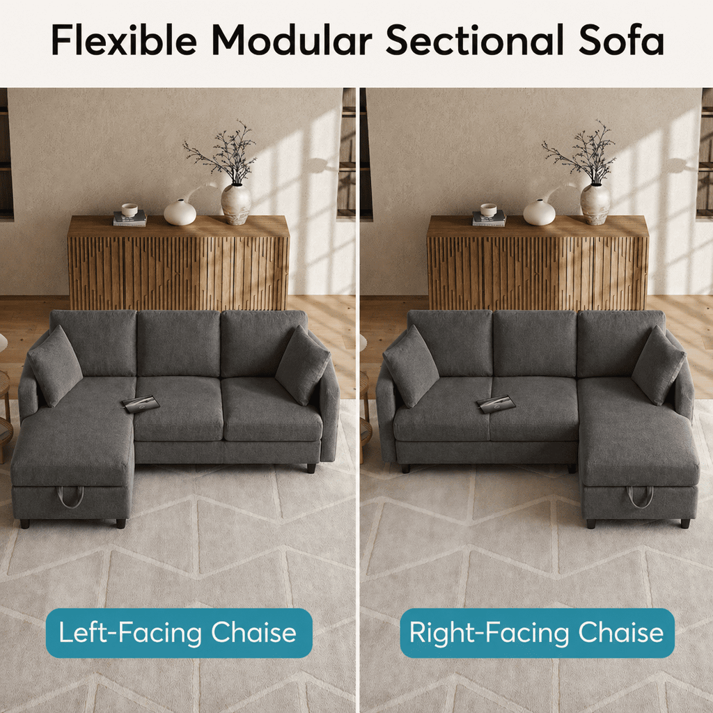 BINBANK L-Shaped Chenille Pull Out Sleeper and Storage Chaise Sectional Futon Sofa Bed with USB, Gray/Beige