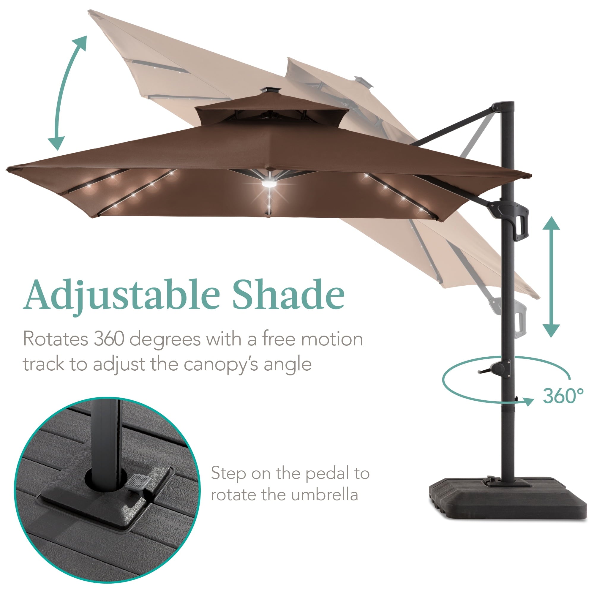 Best Choice Products 10x10ft 2-Tier Square Outdoor Solar LED Cantilever Patio Umbrella w/ Base Included - Tan