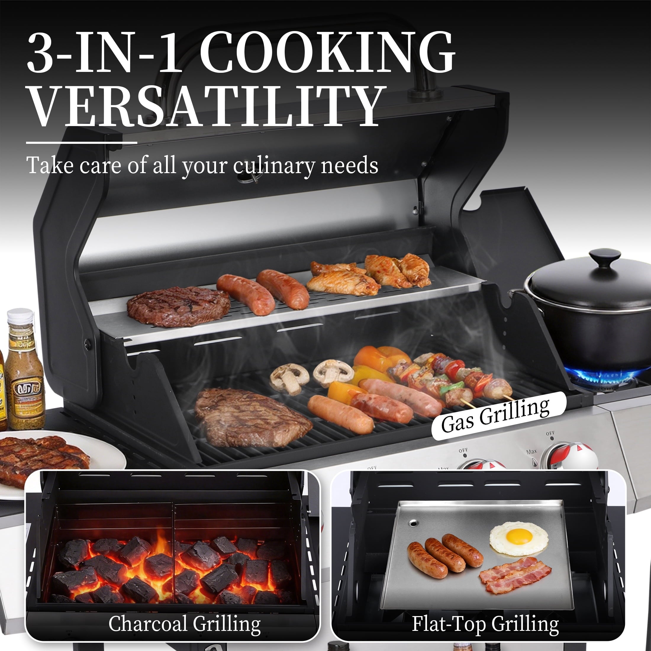 CIG GARDEN 4 Burner Gas Grill Combo with Side Burner, 3 in 1 Gas BBQ Grill with Charcoal Grill and Griddle, 52,000 Outdoor Barbecue Grill
