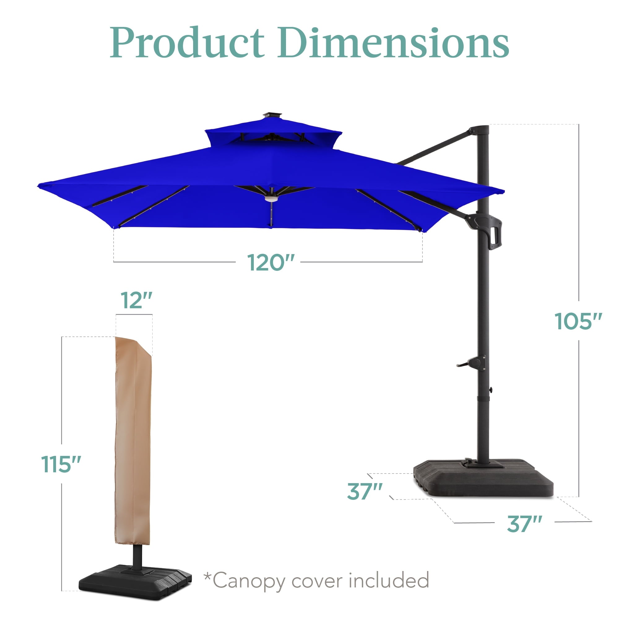 Best Choice Products 10x10ft 2-Tier Square Outdoor Solar LED Cantilever Patio Umbrella w/ Base Included - Tan