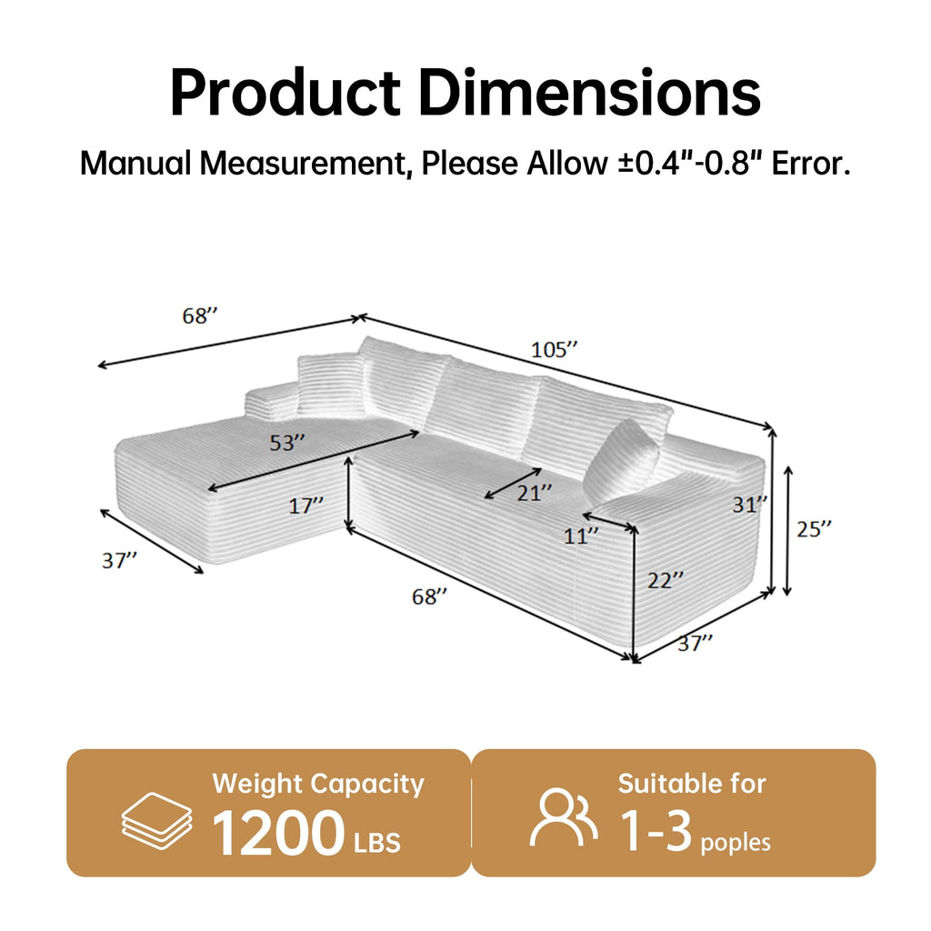 SOULART 138.5 U Shaped Sectional Couch,Gray Cloud Boneless Sofa For Living Room,Plush Corduroy Couches With Deep Seat Chaise Lounge,No Assembly Required