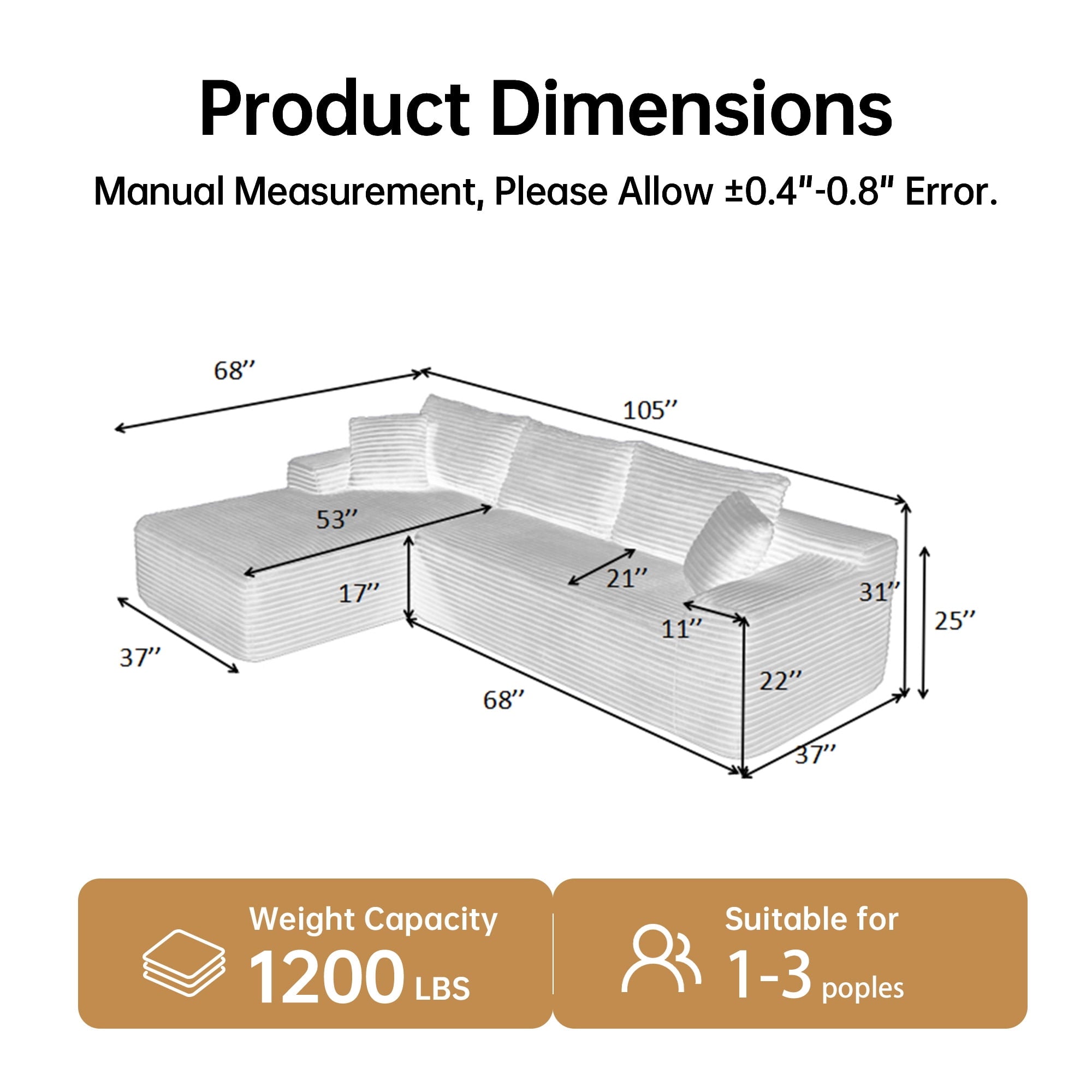 SOULART 138.5 U Shaped Sectional Couch,Gray Cloud Boneless Sofa For Living Room,Plush Corduroy Couches With Deep Seat Chaise Lounge,No Assembly Required