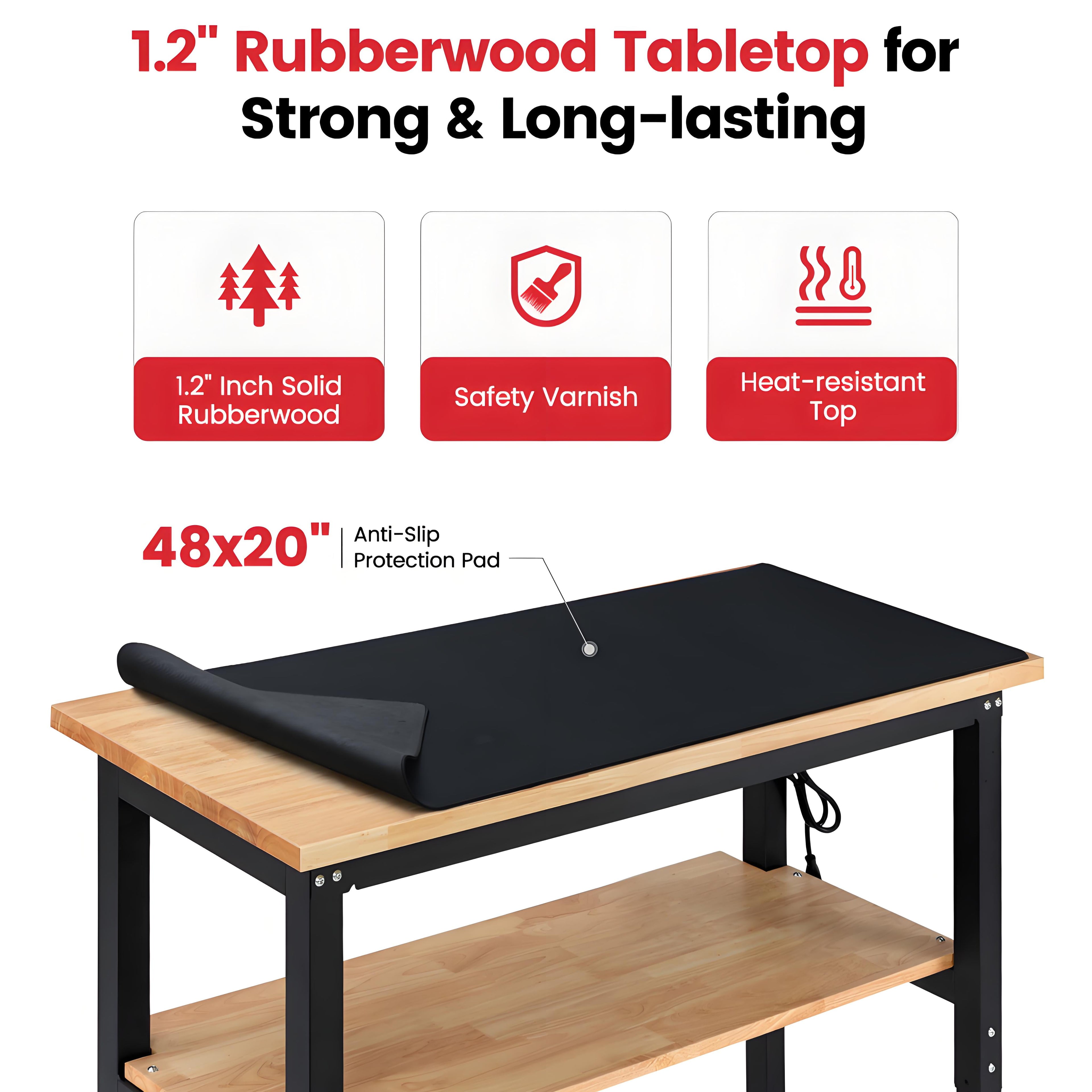 Workbench for Garage,ENJOYWOOD Heavy-Duty 60 inch 2 Tier Wood Work Bench with Storage Pegboards,Rubber Mat,Power Outlets, Rubber Wood Tabletop 2000 LBS Load Bearing Workstation Garage Desk Work Table